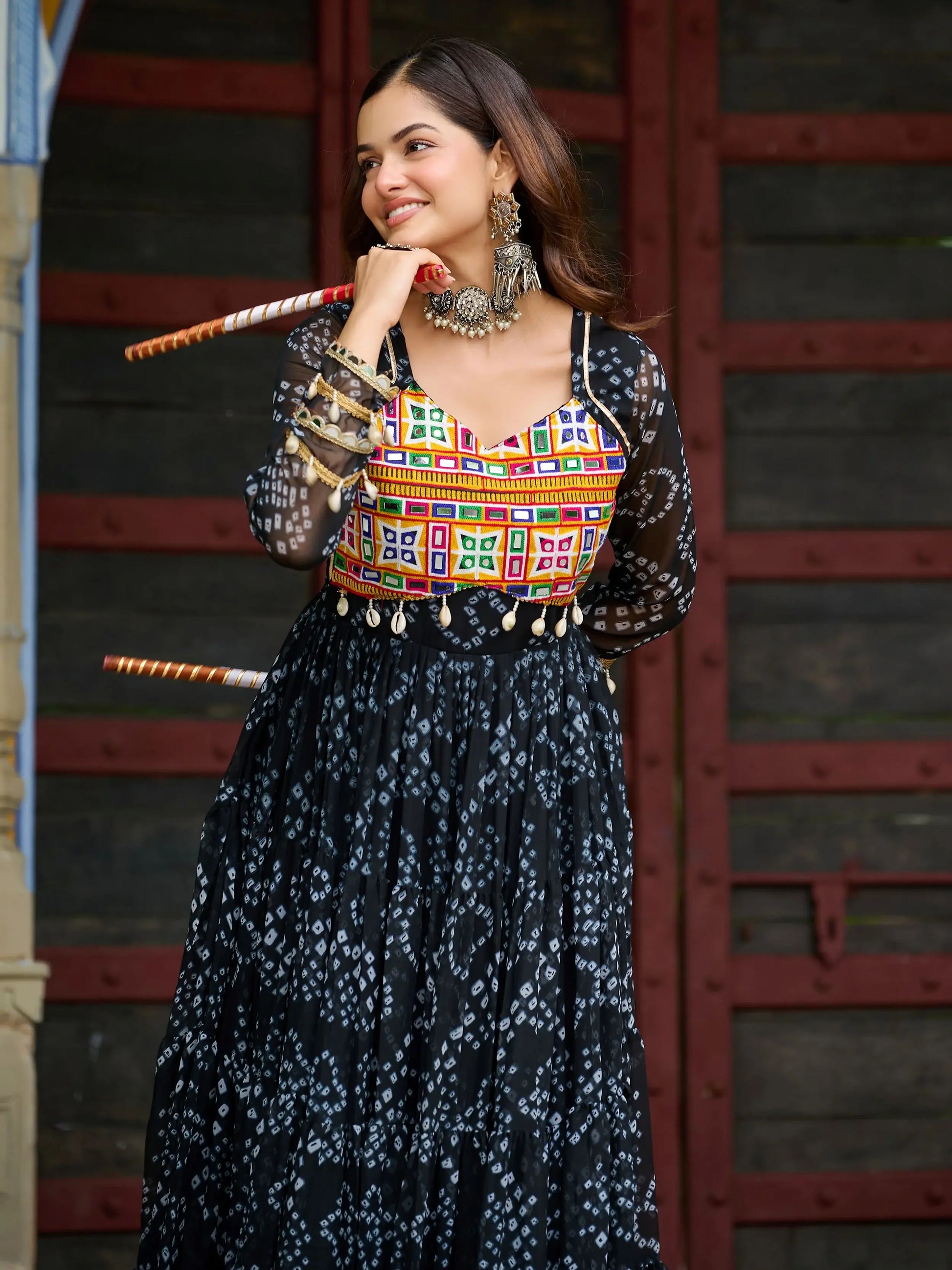 Precious Black Kutchi Patch Work Georgette Navratri Special Gown - Zeel Clothing