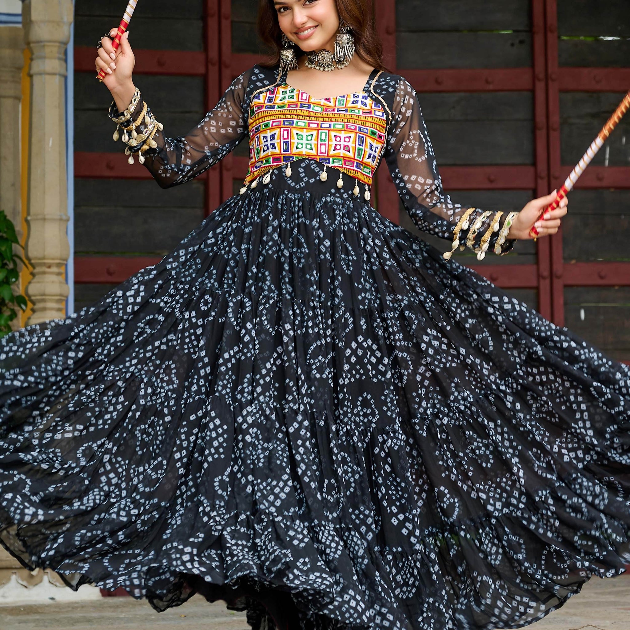 Precious Black Kutchi Patch Work Georgette Navratri Special Gown - Zeel Clothing