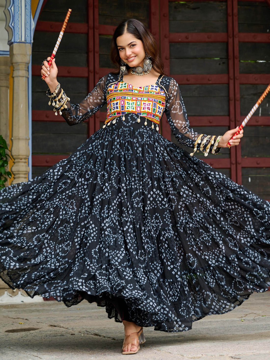 Precious Black Kutchi Patch Work Georgette Navratri Special Gown - Zeel Clothing