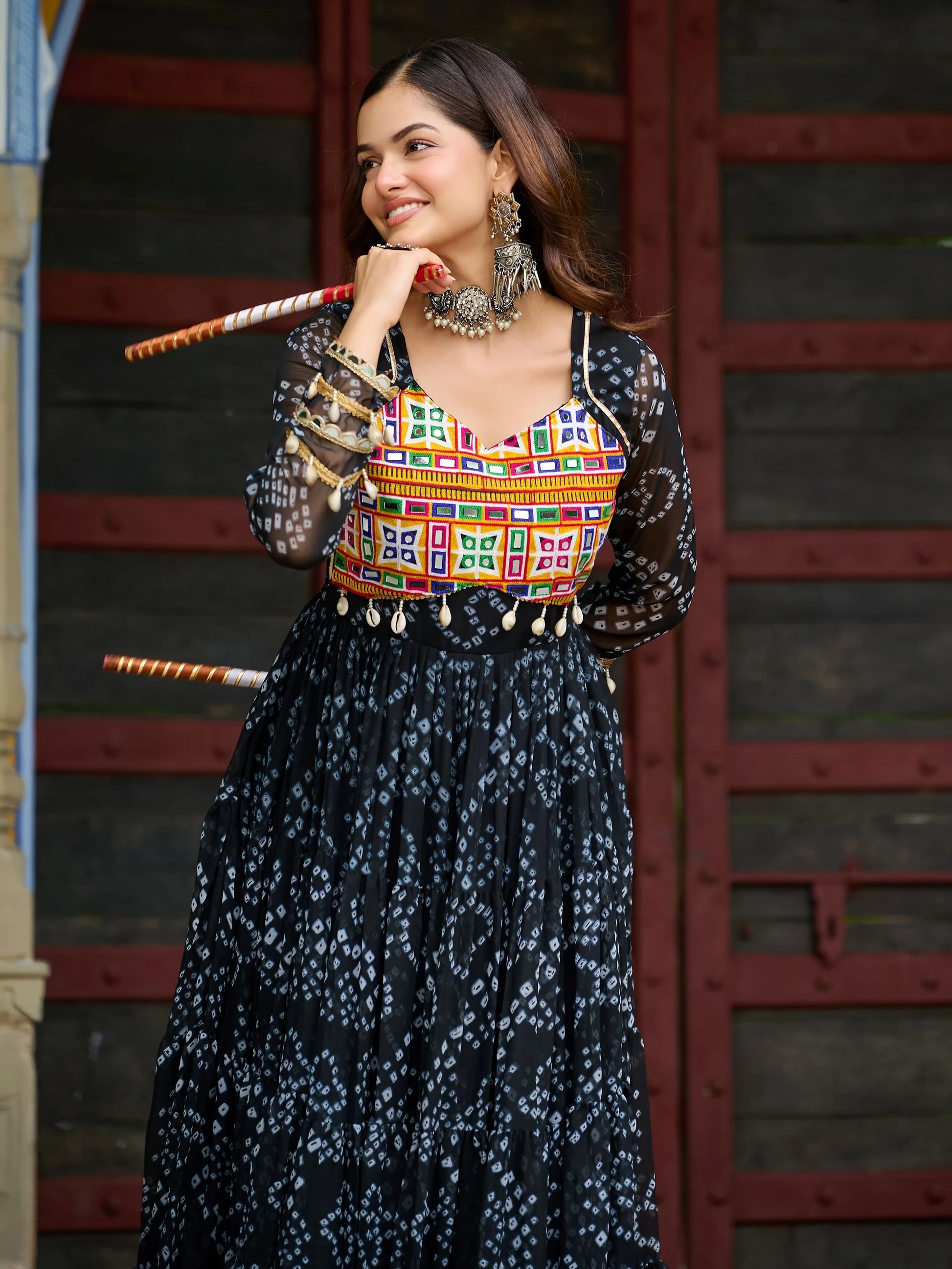 Precious Black Kutchi Patch Work Georgette Navratri Special Gown - Zeel Clothing