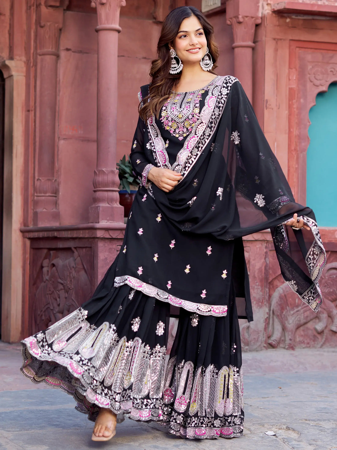 Precious Black Thread Work Georgette Eid Special Sharara Suit - Zeel Clothing