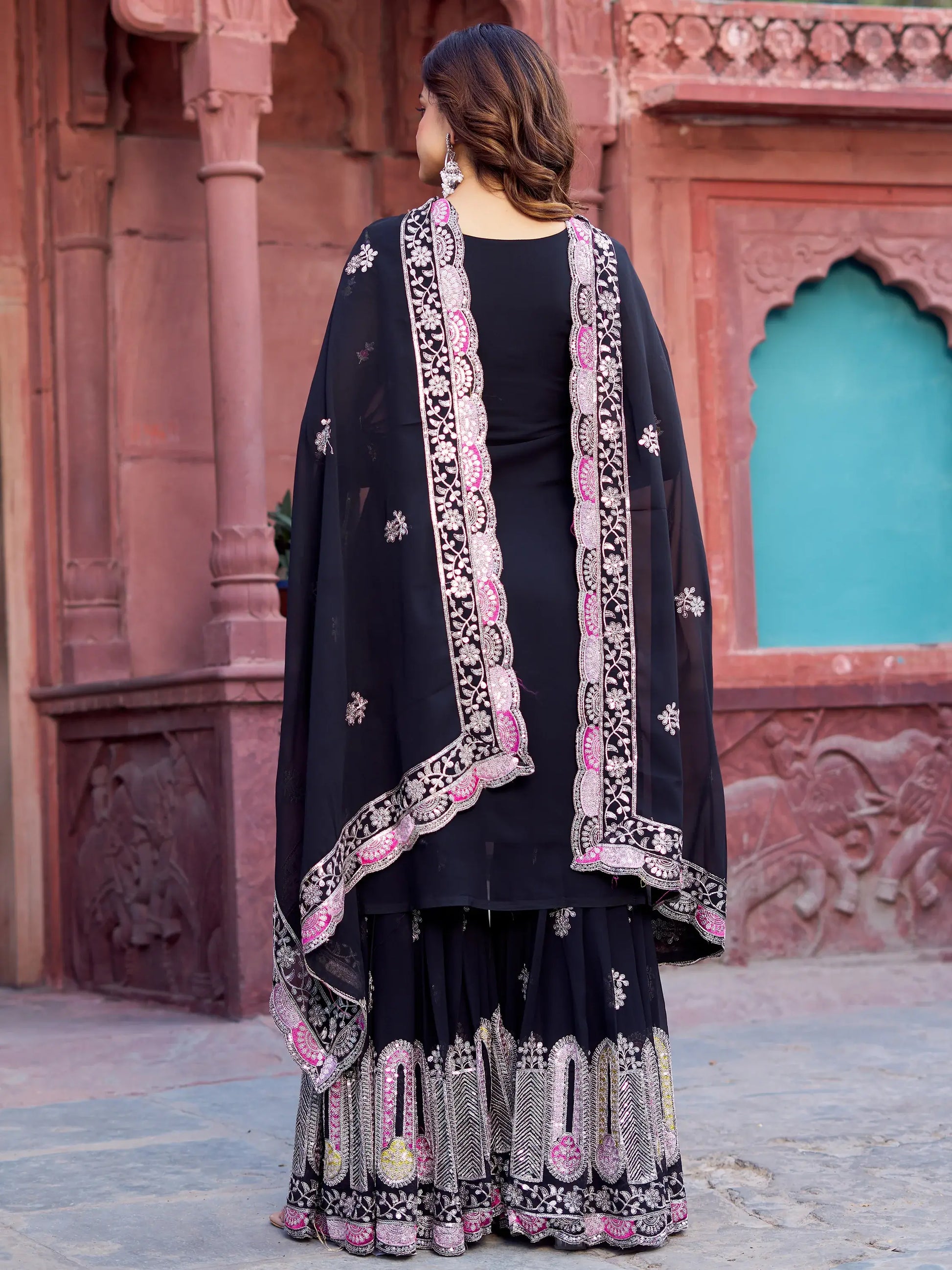 Precious Black Thread Work Georgette Eid Special Sharara Suit - Zeel Clothing