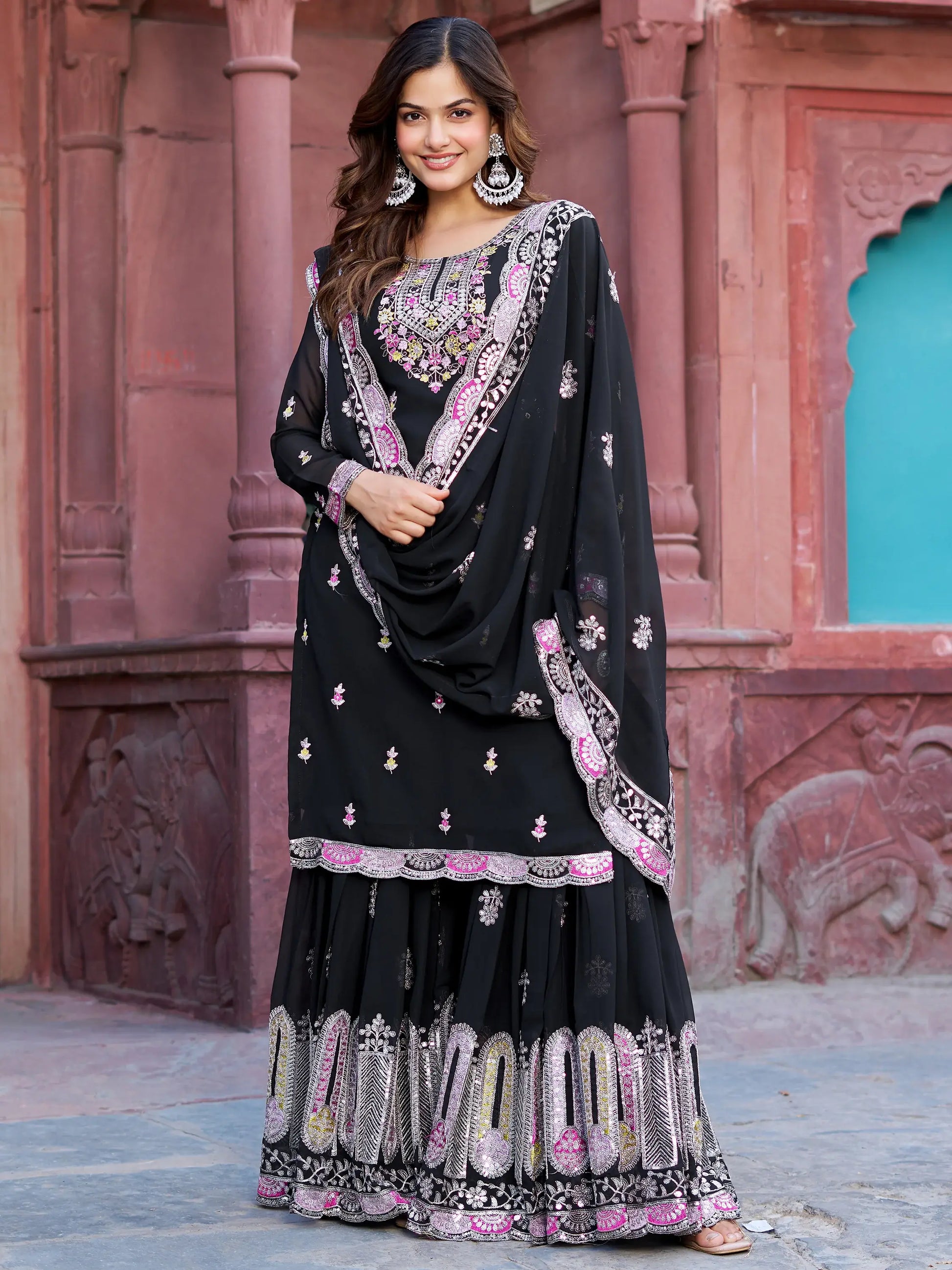 Precious Black Thread Work Georgette Eid Special Sharara Suit - Zeel Clothing