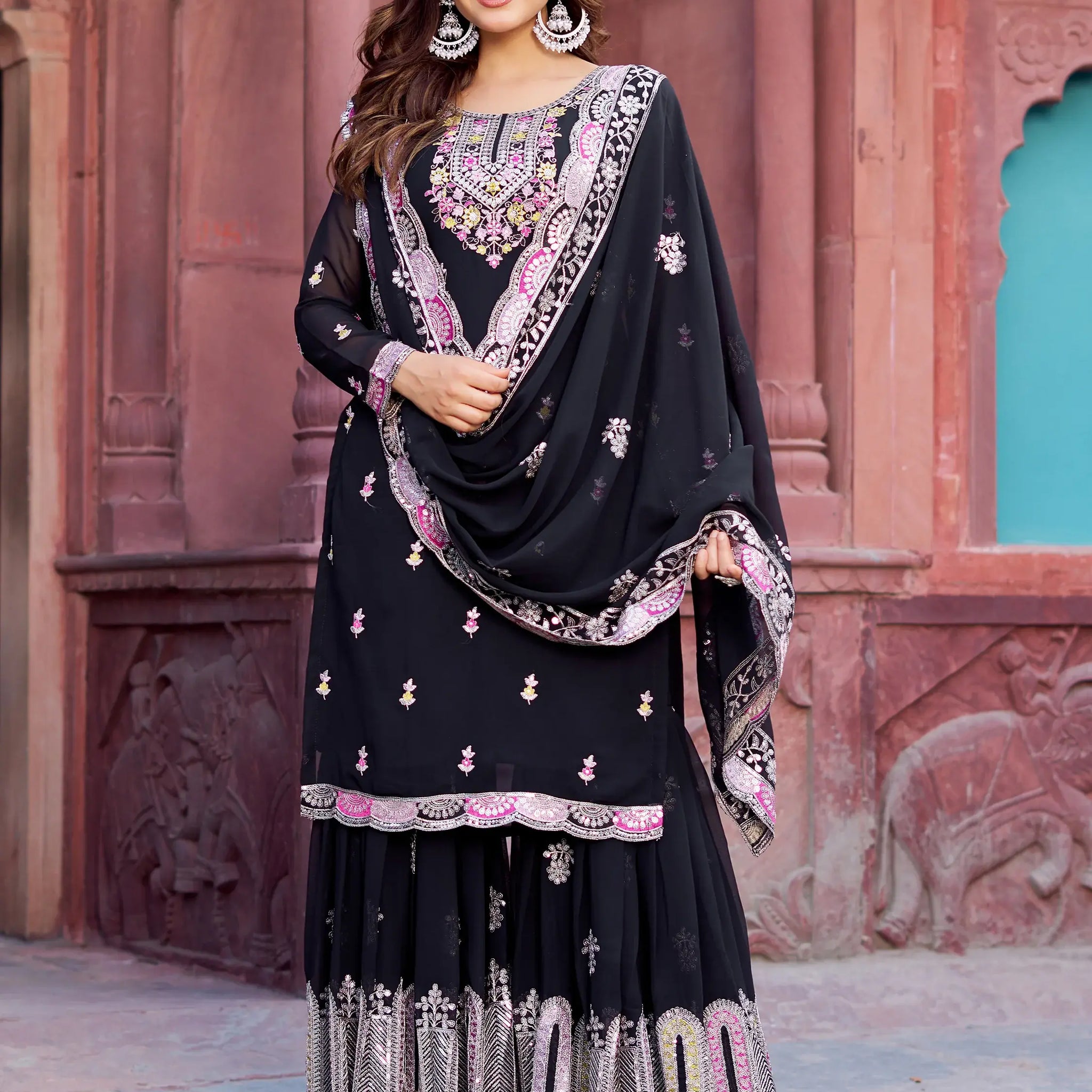 Precious Black Thread Work Georgette Eid Special Sharara Suit - Zeel Clothing