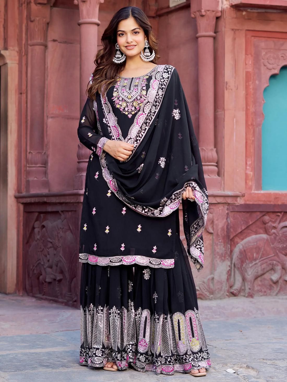 Precious Black Thread Work Georgette Eid Special Sharara Suit - Zeel Clothing