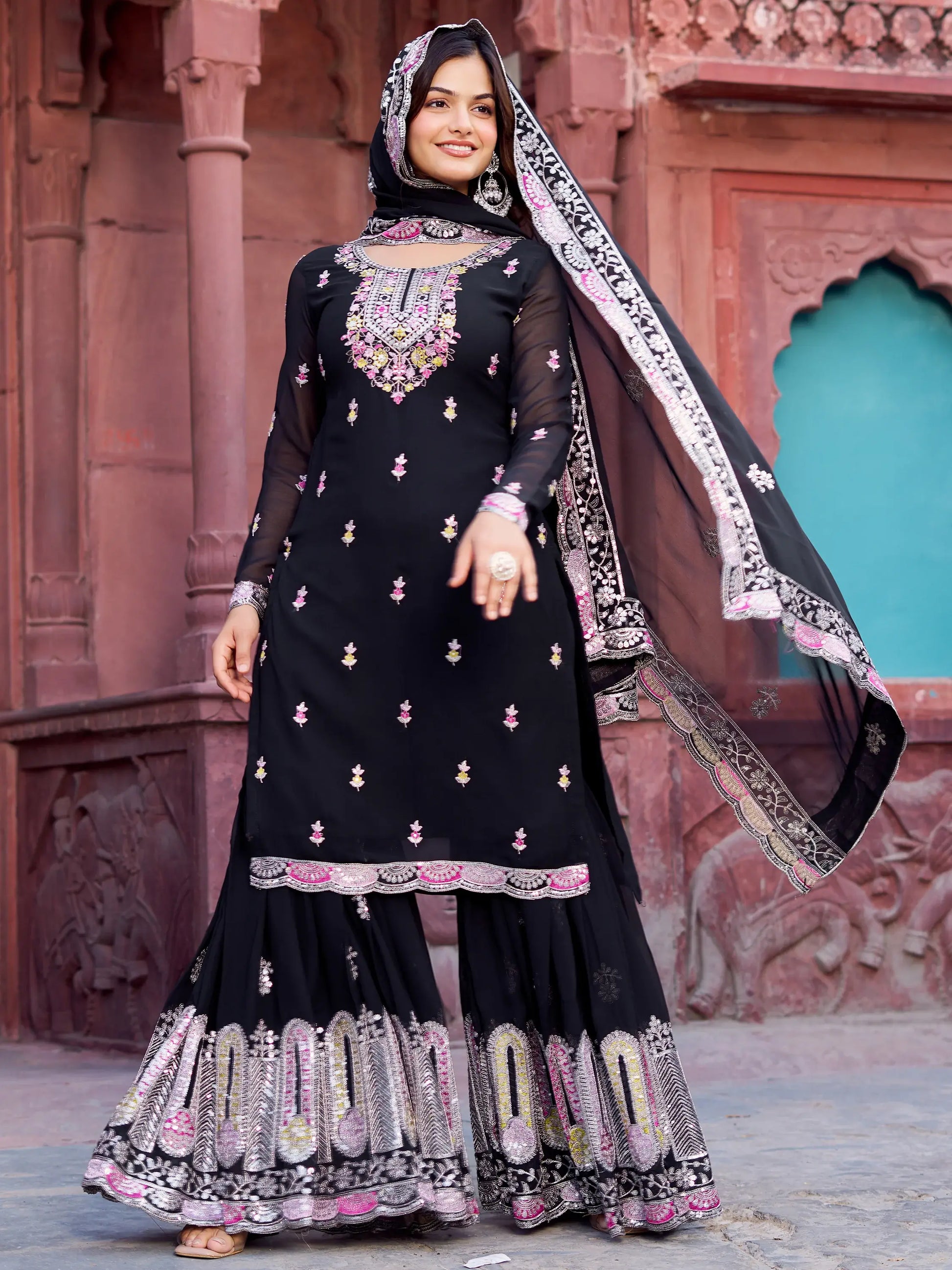 Precious Black Thread Work Georgette Eid Special Sharara Suit - Zeel Clothing