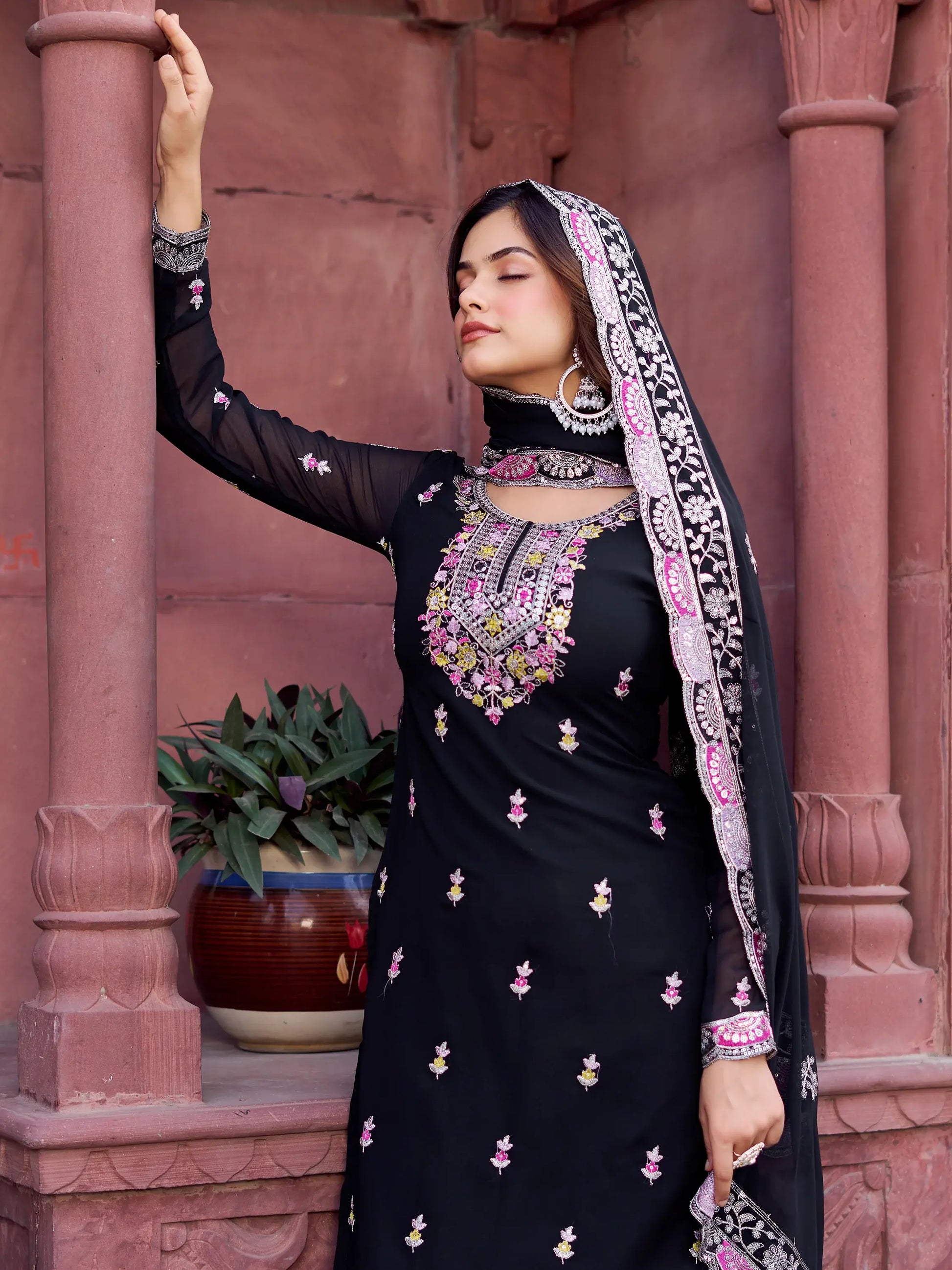 Precious Black Thread Work Georgette Eid Special Sharara Suit - Zeel Clothing