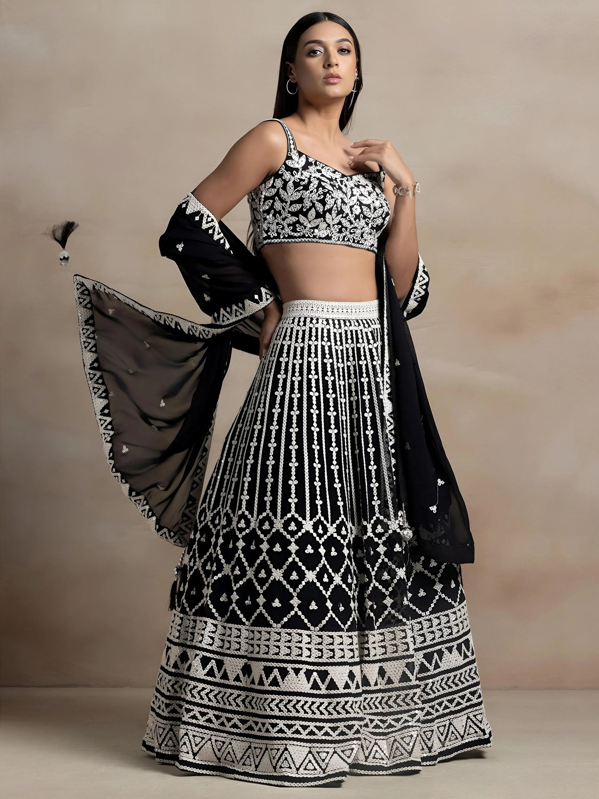 Precious Black Thread Work Georgette Engagement Wear Lehenga Choli