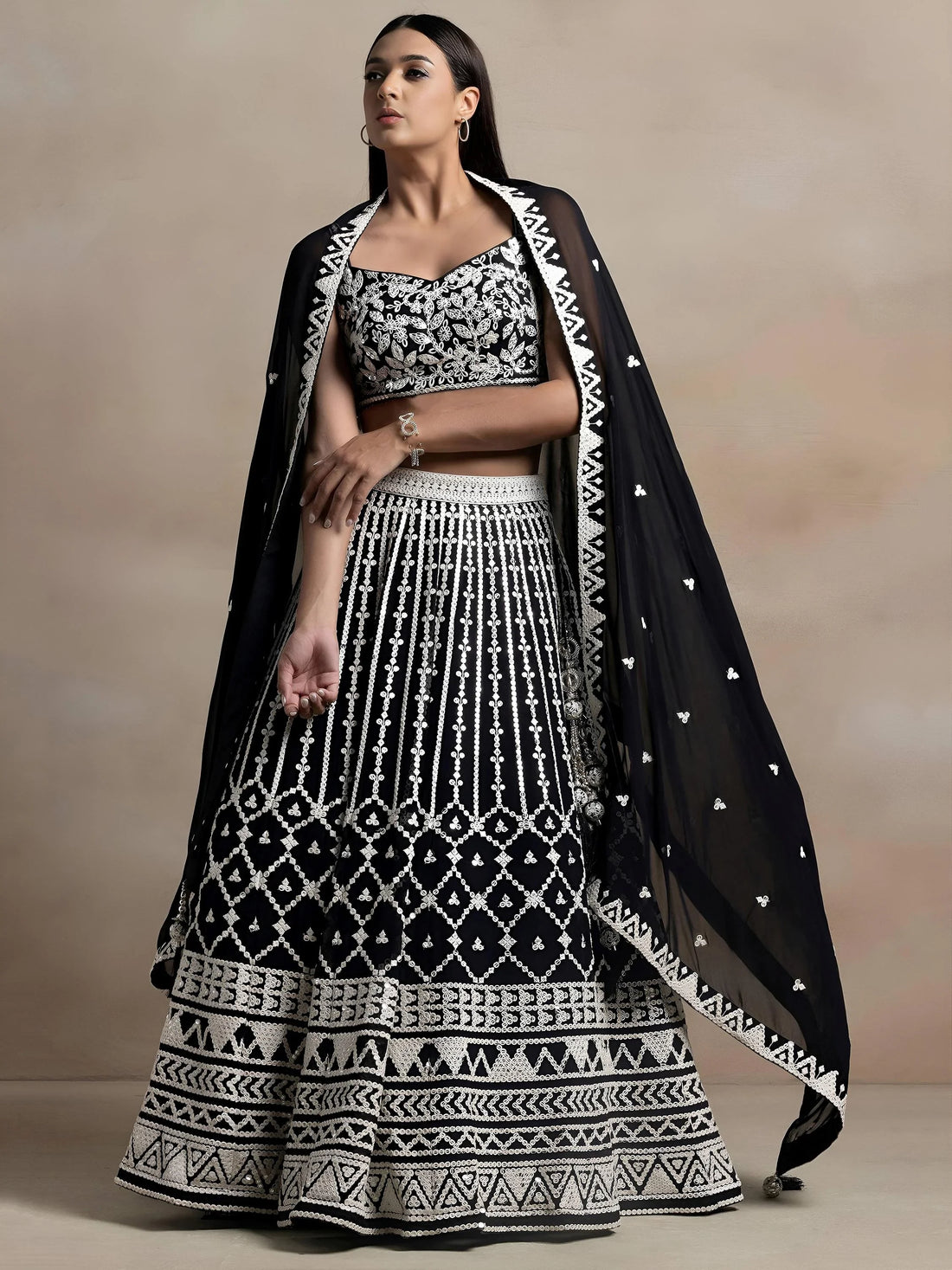 Precious Black Thread Work Georgette Engagement Wear Lehenga Choli