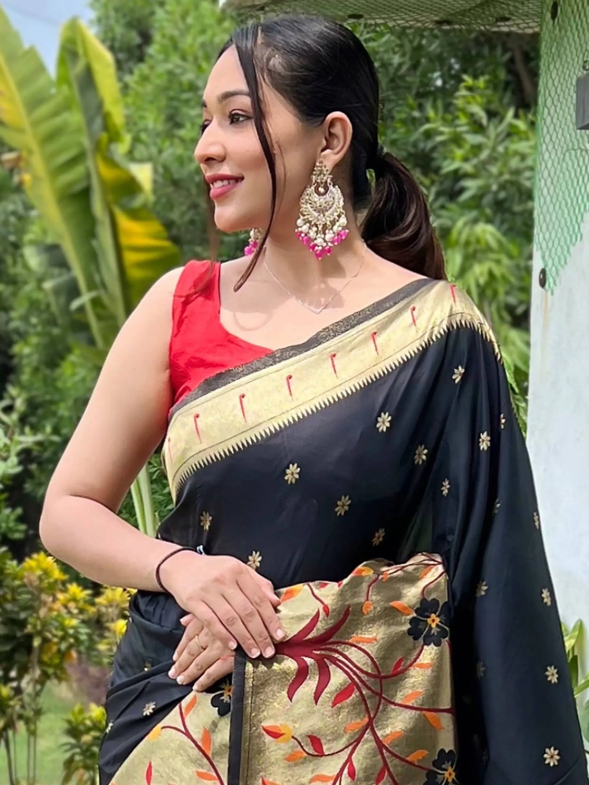 Precious Black Woven Paithani Silk Traditional Wear Saree With Blouse - Zeel Clothing