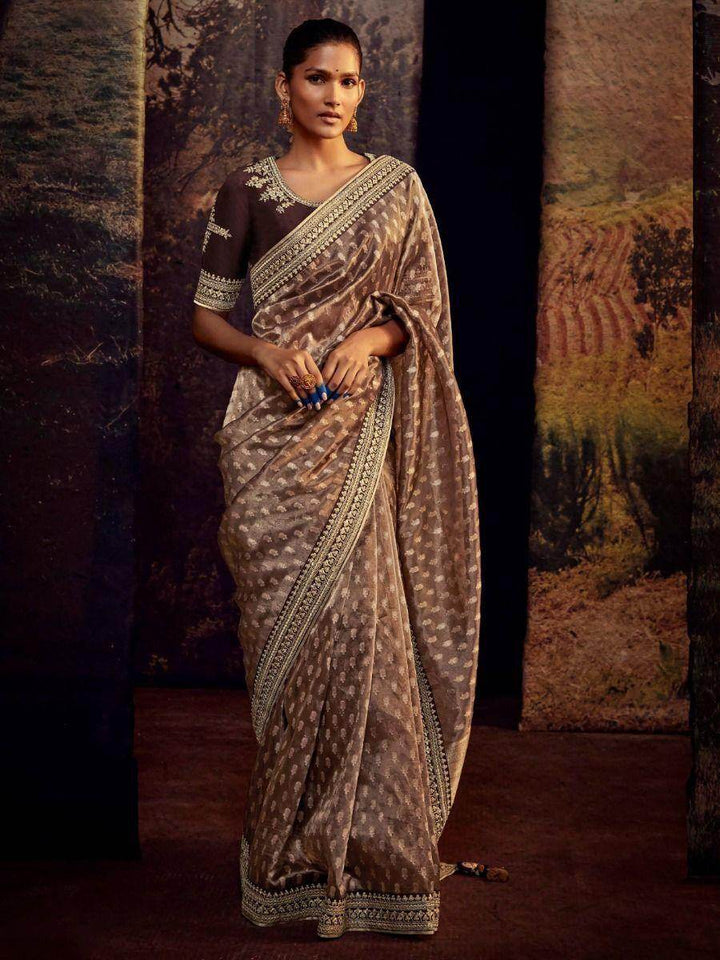 Precious Brown Heavy Lace Work Silk Wedding Wear Saree - Zeel Clothing
