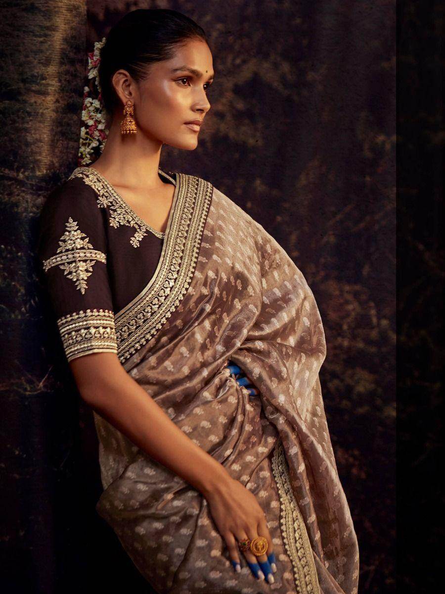 Precious Brown Heavy Lace Work Silk Wedding Wear Saree - Zeel Clothing