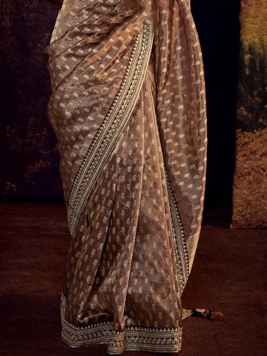 Precious Brown Heavy Lace Work Silk Wedding Wear Saree - Zeel Clothing