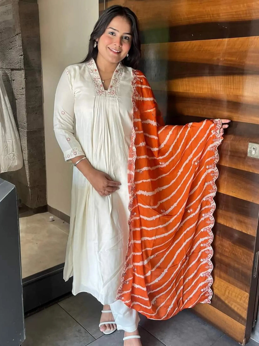 Precious Cream Embroidered Chanderi Silk Event Wear Pant Suit With Dupatta - Zeel Clothing
