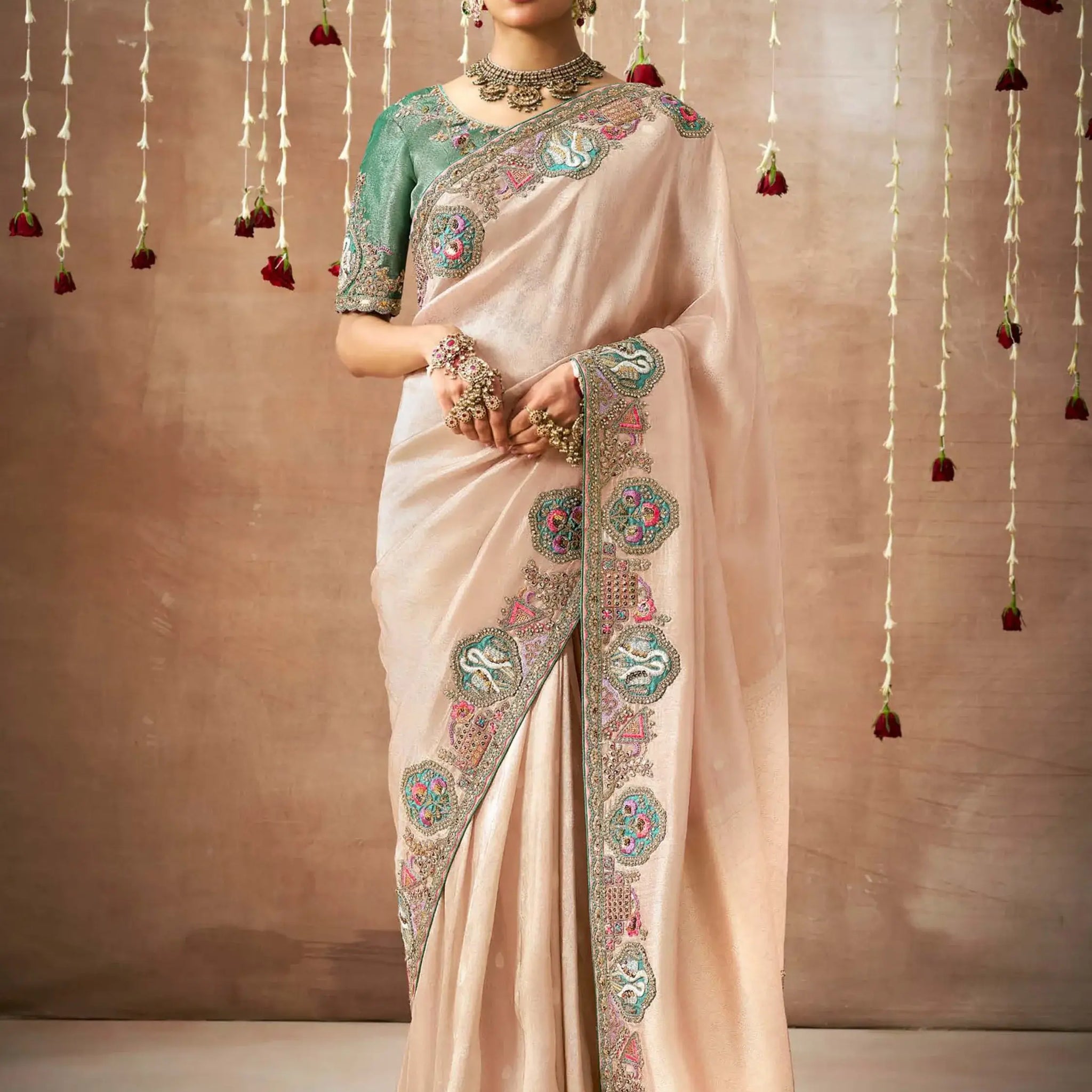 Precious Cream Heavy Border Work Silk Event Wear Saree With Blouse - Zeel Clothing