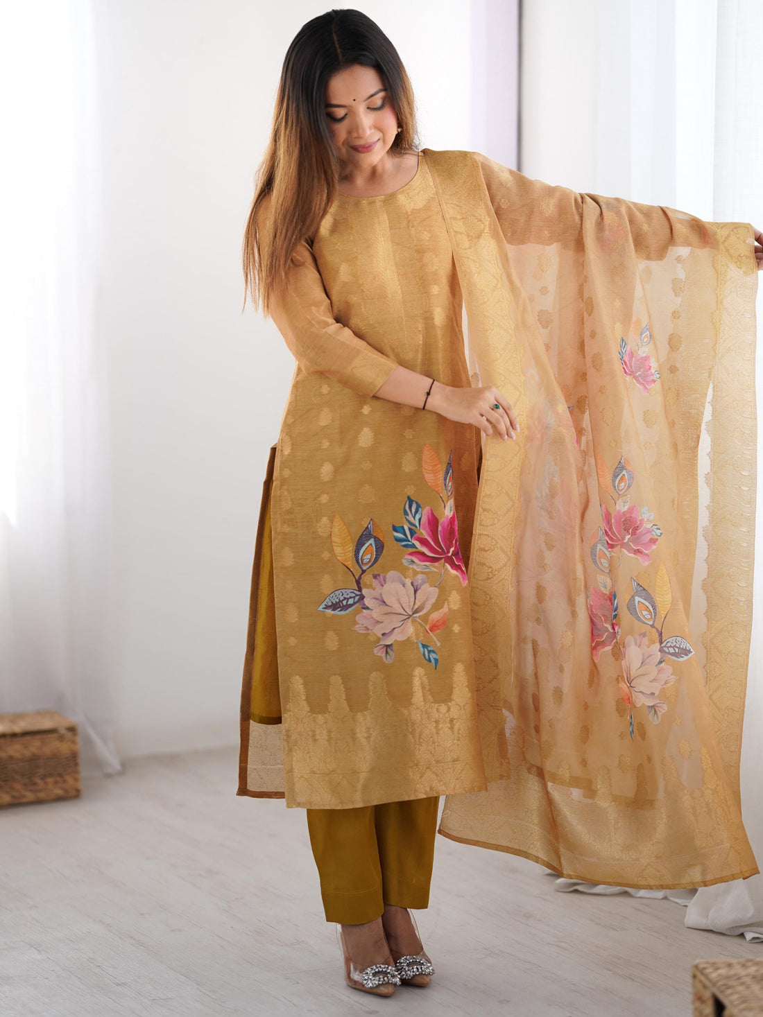 Precious Cream Jacquard Work Chanderi Silk Festive Wear Pant Suit - Zeel Clothing