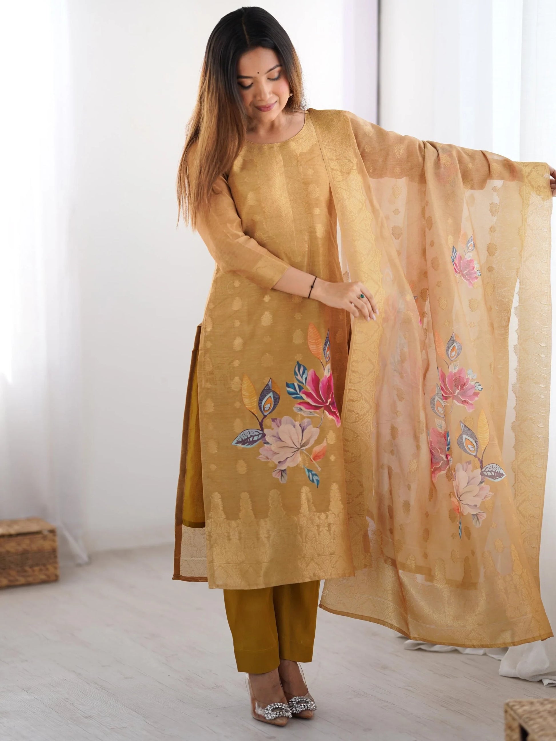 Precious Cream Jacquard Work Chanderi Silk Festive Wear Pant Suit - Zeel Clothing