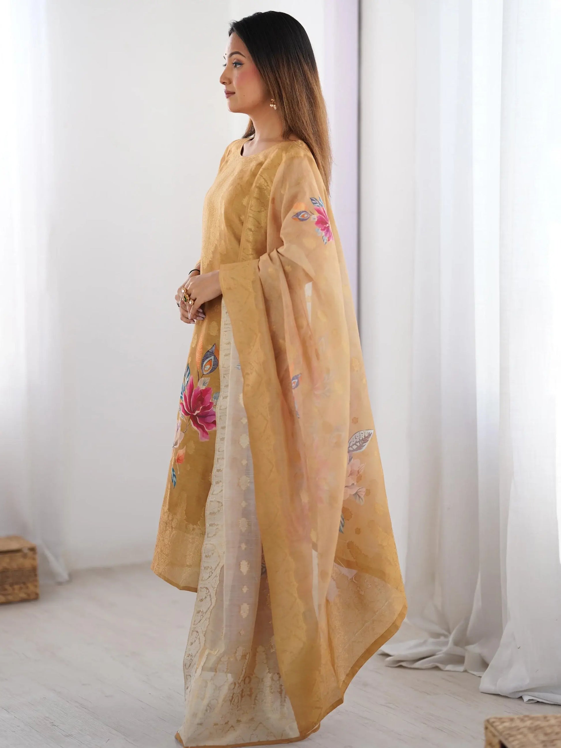 Precious Cream Jacquard Work Chanderi Silk Festive Wear Pant Suit - Zeel Clothing