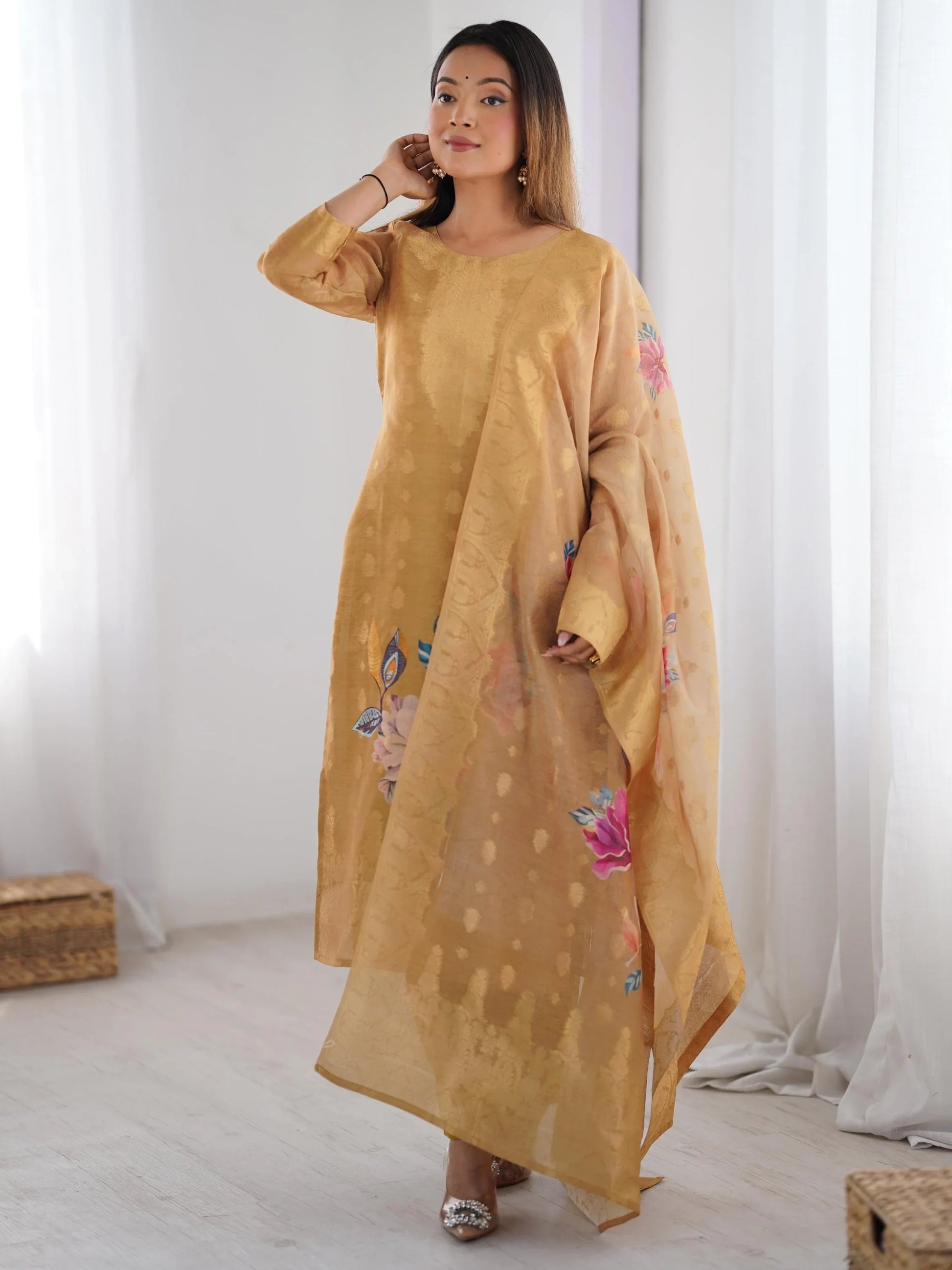 Precious Cream Jacquard Work Chanderi Silk Festive Wear Pant Suit - Zeel Clothing