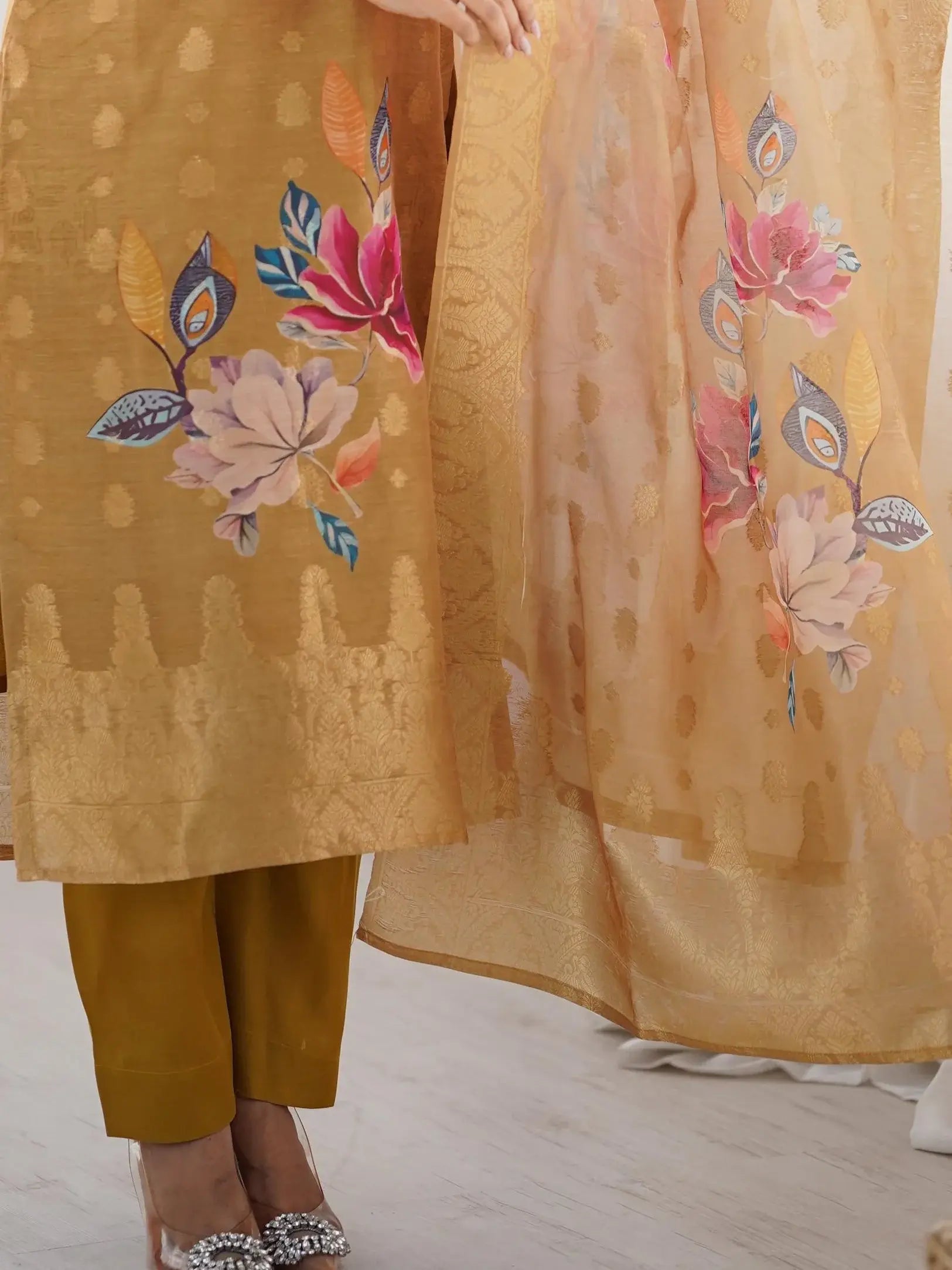 Precious Cream Jacquard Work Chanderi Silk Festive Wear Pant Suit - Zeel Clothing