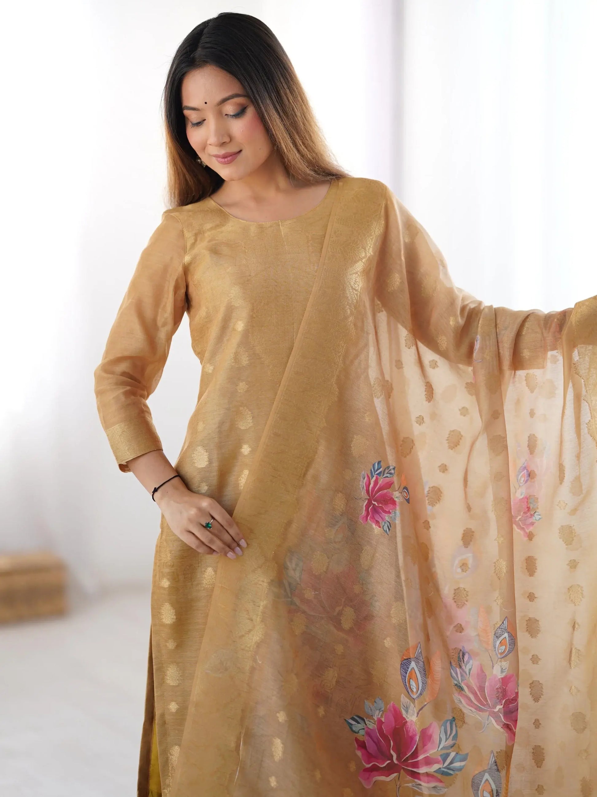 Precious Cream Jacquard Work Chanderi Silk Festive Wear Pant Suit - Zeel Clothing