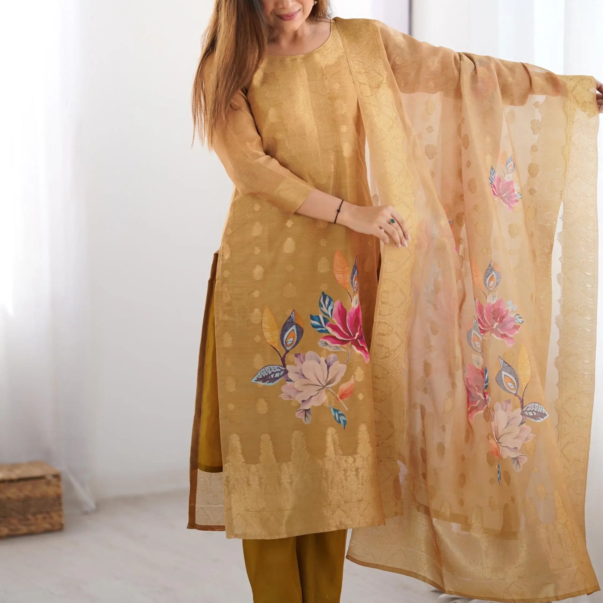 Precious Cream Jacquard Work Chanderi Silk Festive Wear Pant Suit - Zeel Clothing