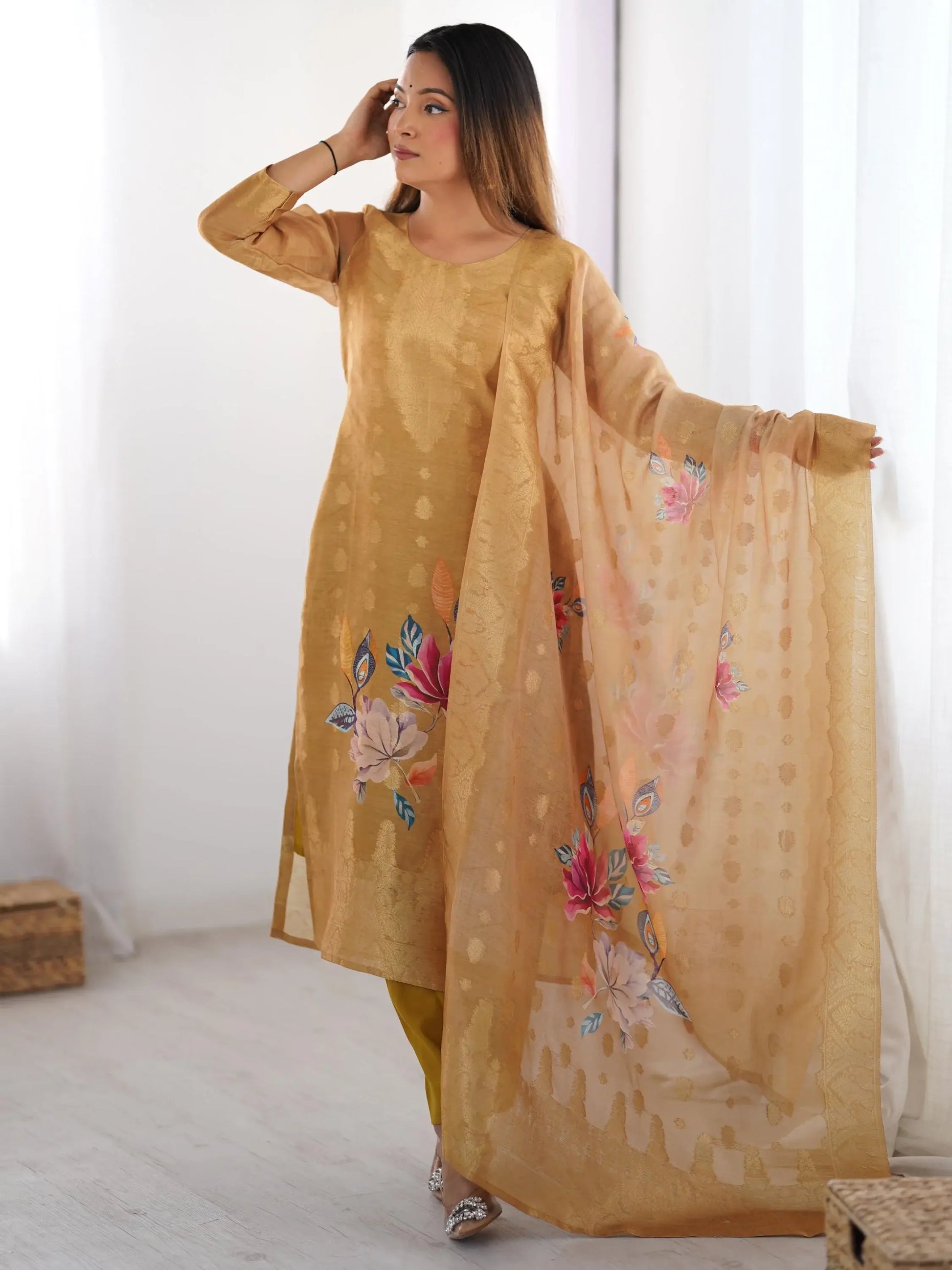Precious Cream Jacquard Work Chanderi Silk Festive Wear Pant Suit - Zeel Clothing
