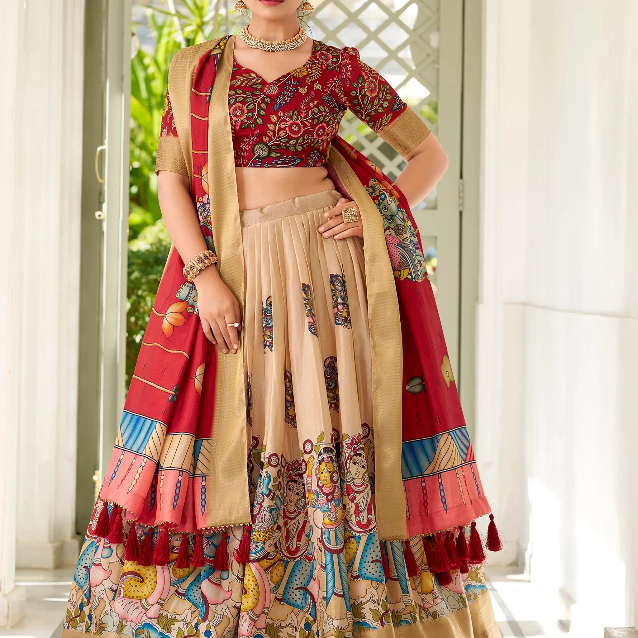 Precious Cream Kalamkari Printed Dola Silk Traditional Lehenga Choli - Zeel Clothing
