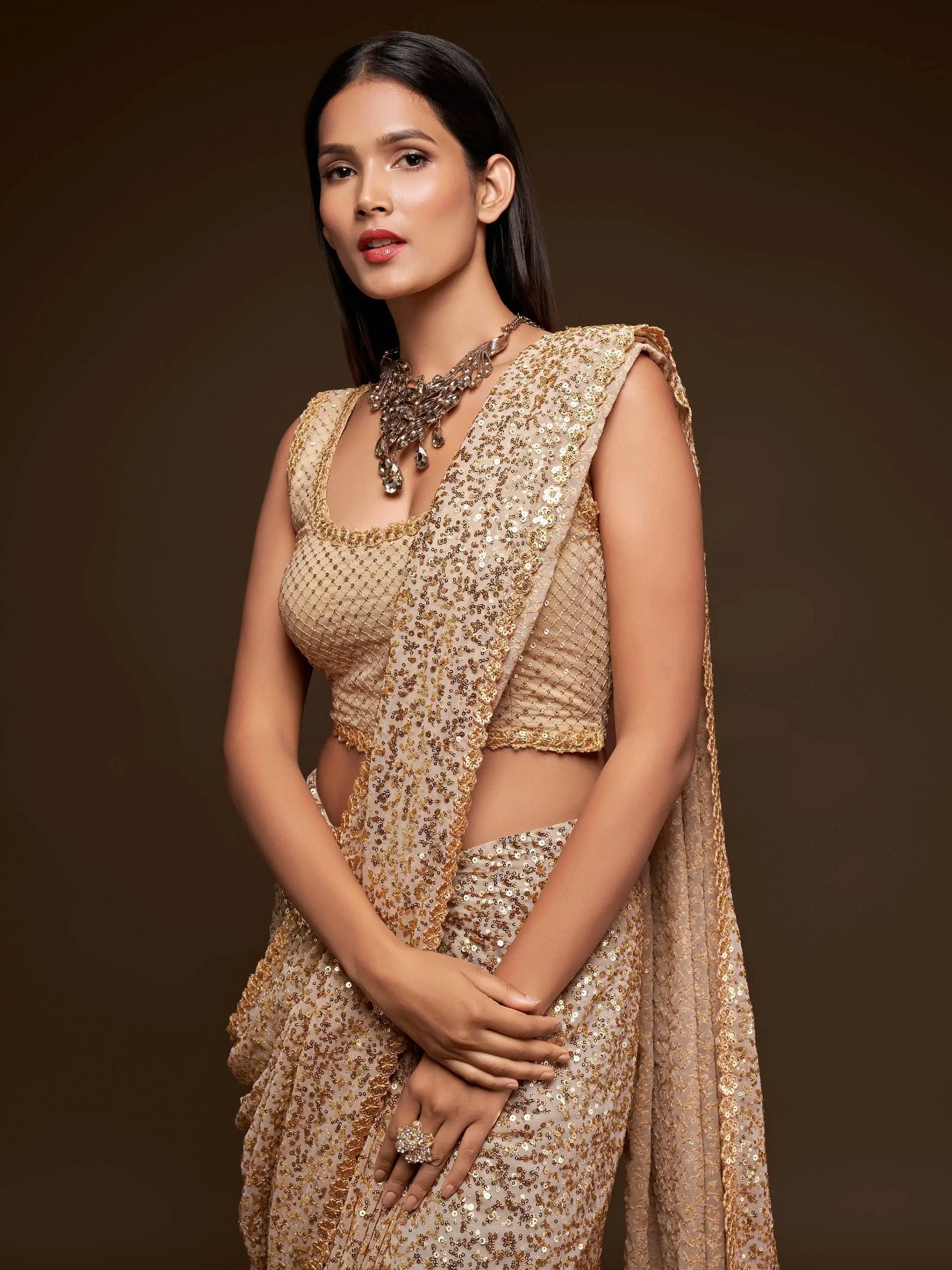 Precious Cream Sequins Georgette Party Wear Saree With Blouse - Zeel Clothing