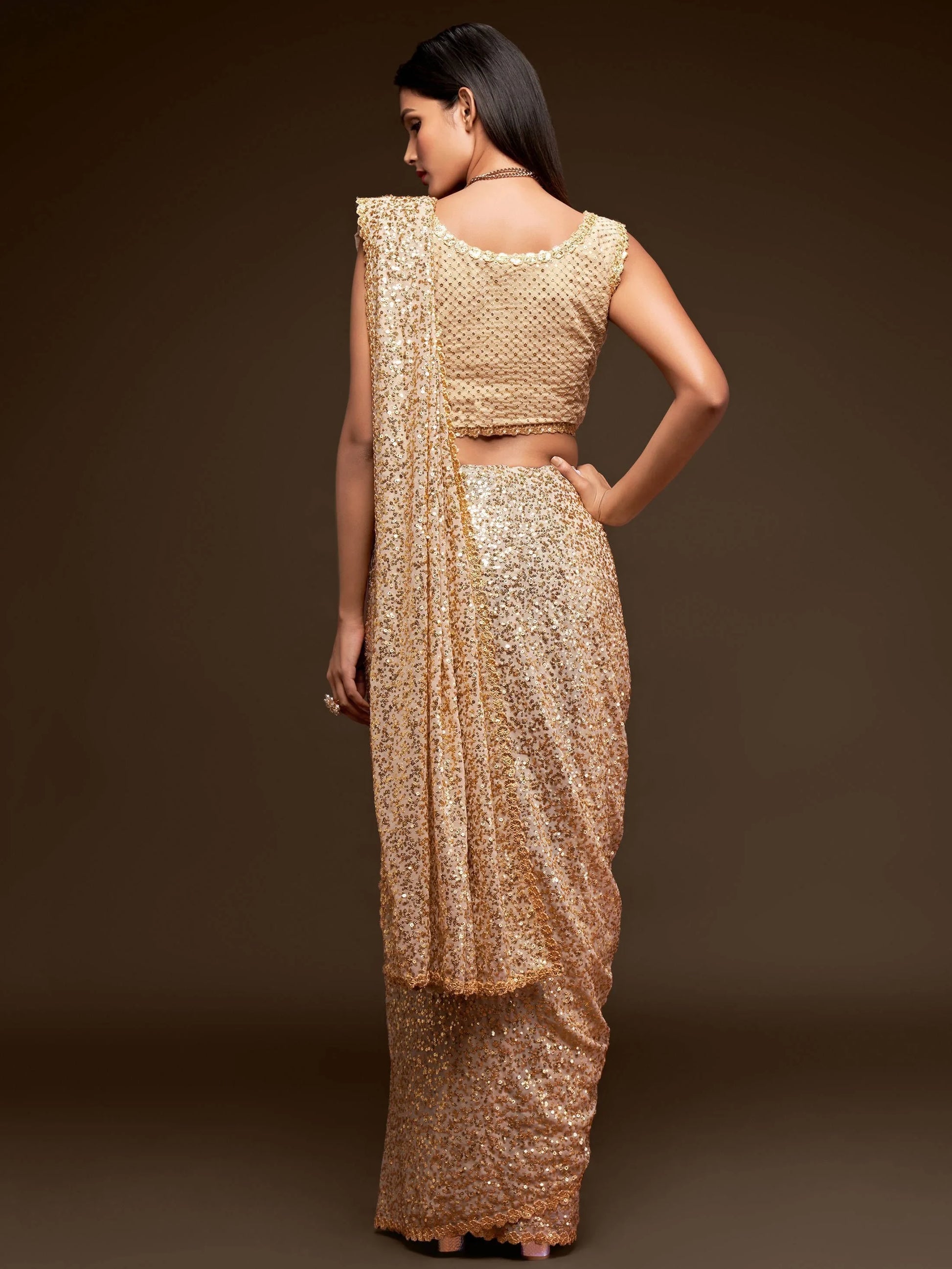 Precious Cream Sequins Georgette Party Wear Saree With Blouse - Zeel Clothing