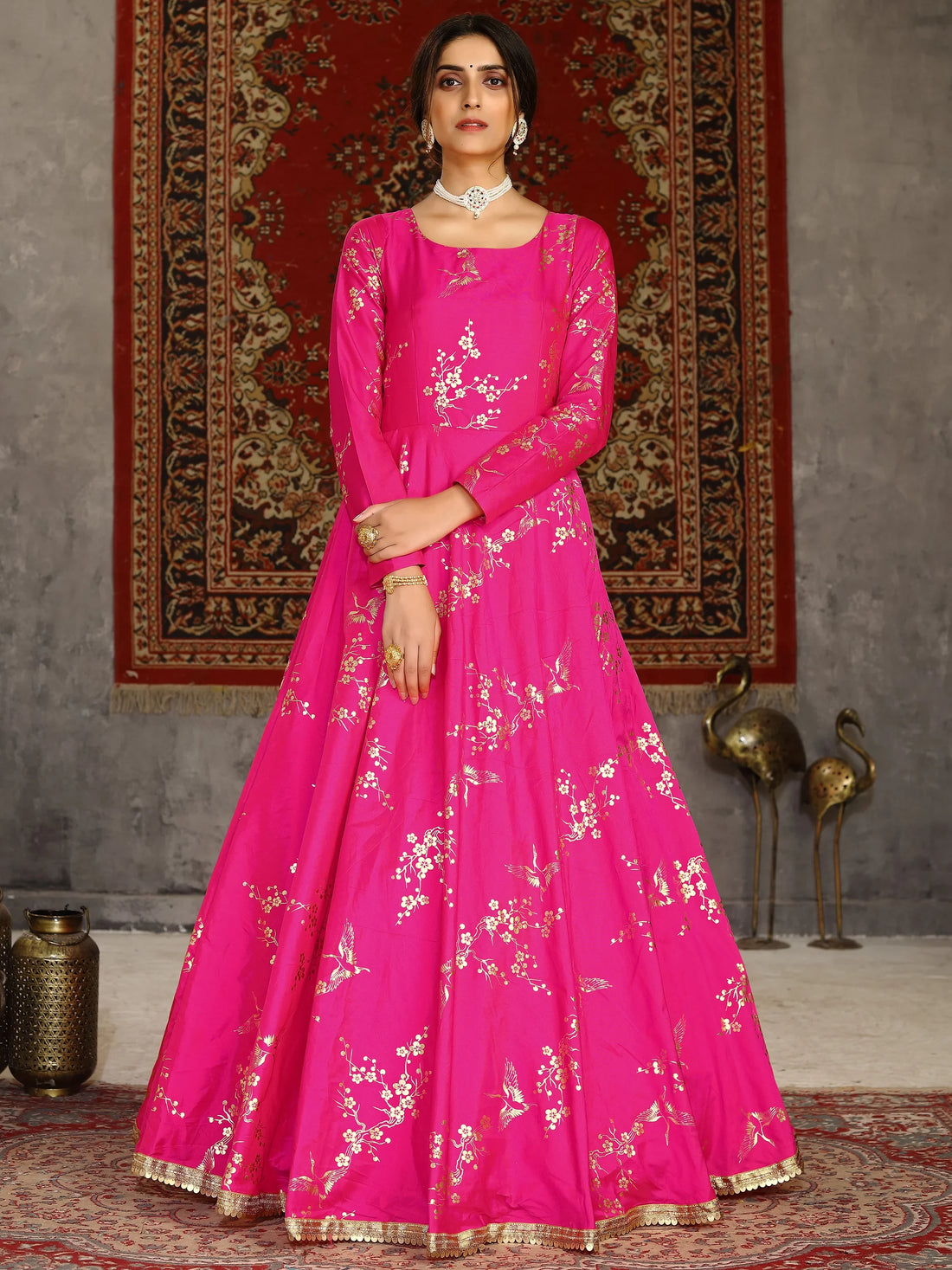 Precious Deep Pink Foil Work Taffeta Festival Wear Gown - Zeel Clothing