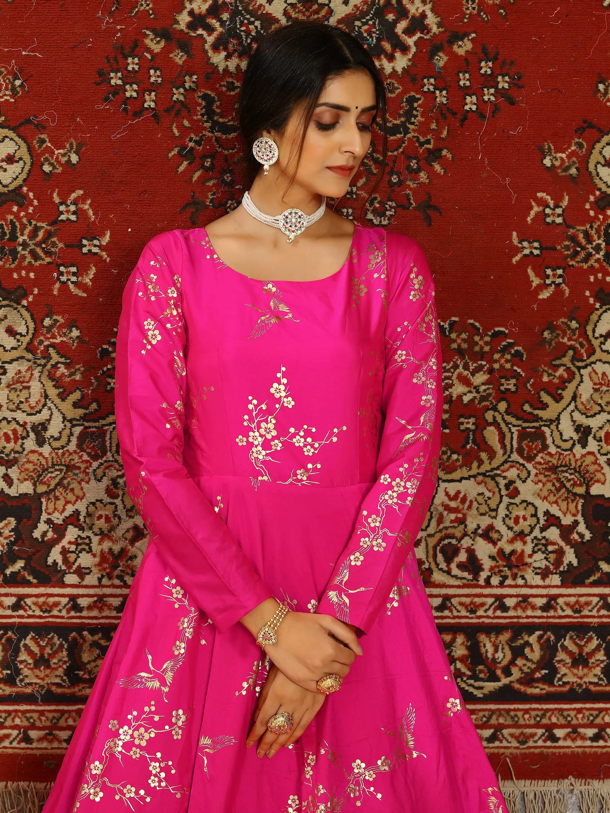 Precious Deep Pink Foil Work Taffeta Festival Wear Gown - Zeel Clothing