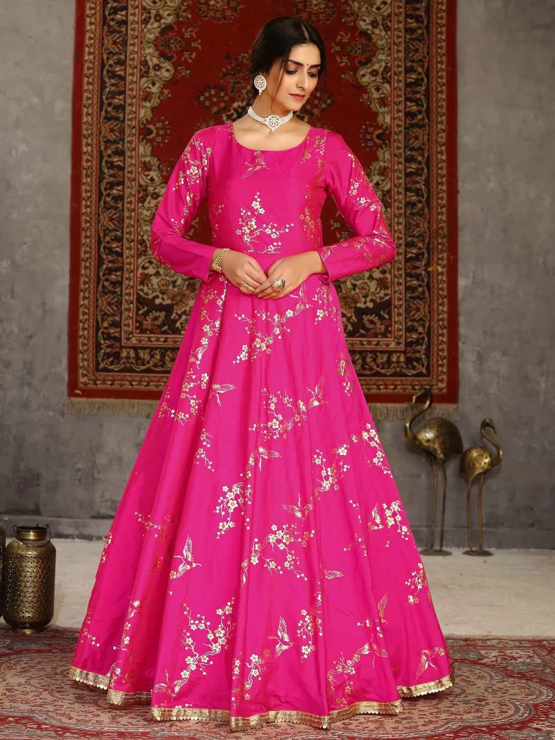 Precious Deep Pink Foil Work Taffeta Festival Wear Gown - Zeel Clothing