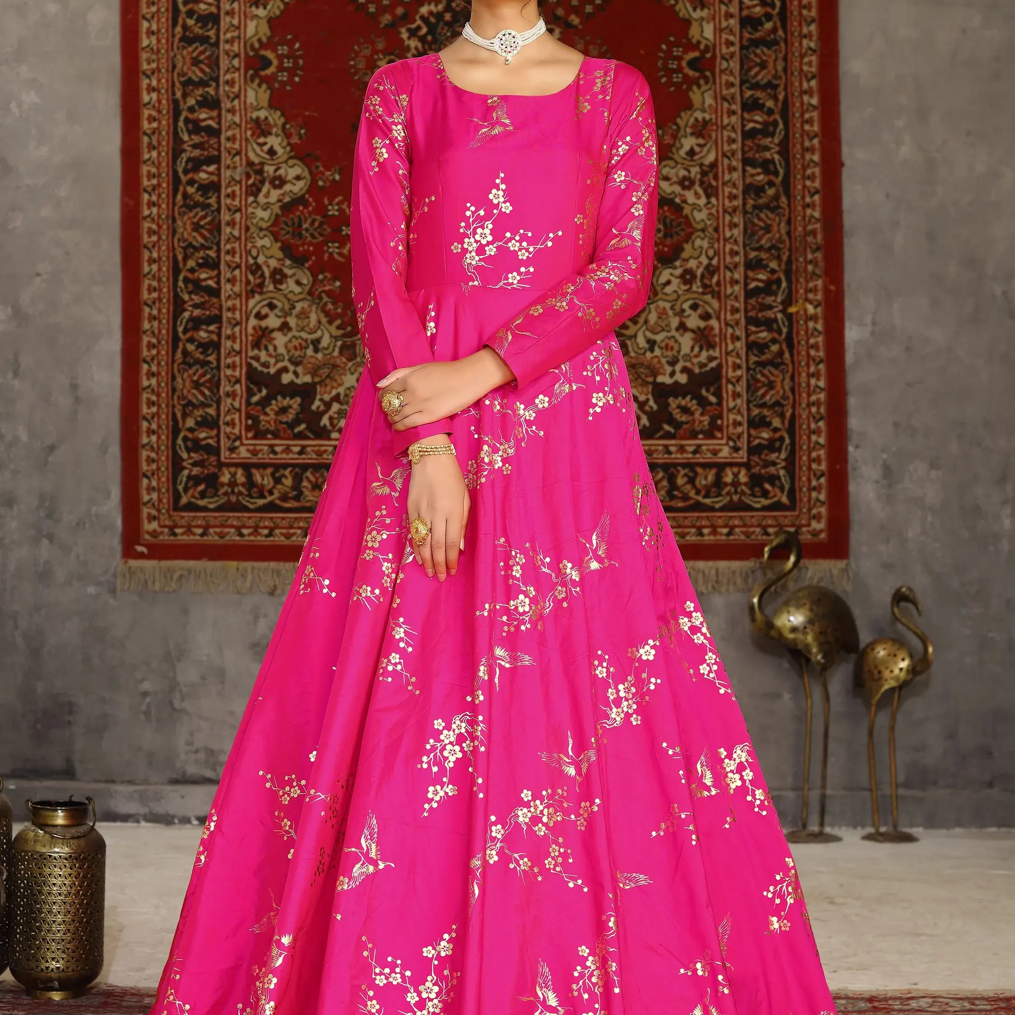 Precious Deep Pink Foil Work Taffeta Festival Wear Gown - Zeel Clothing