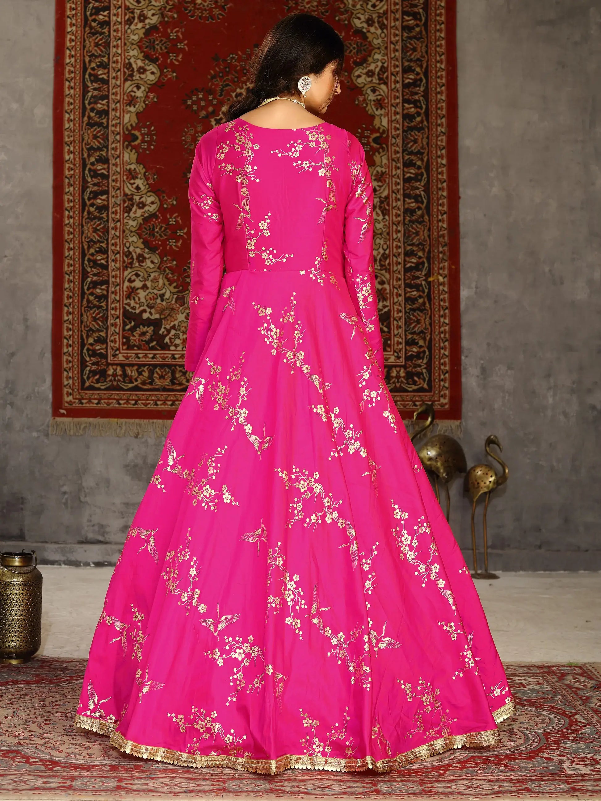 Precious Deep Pink Foil Work Taffeta Festival Wear Gown - Zeel Clothing
