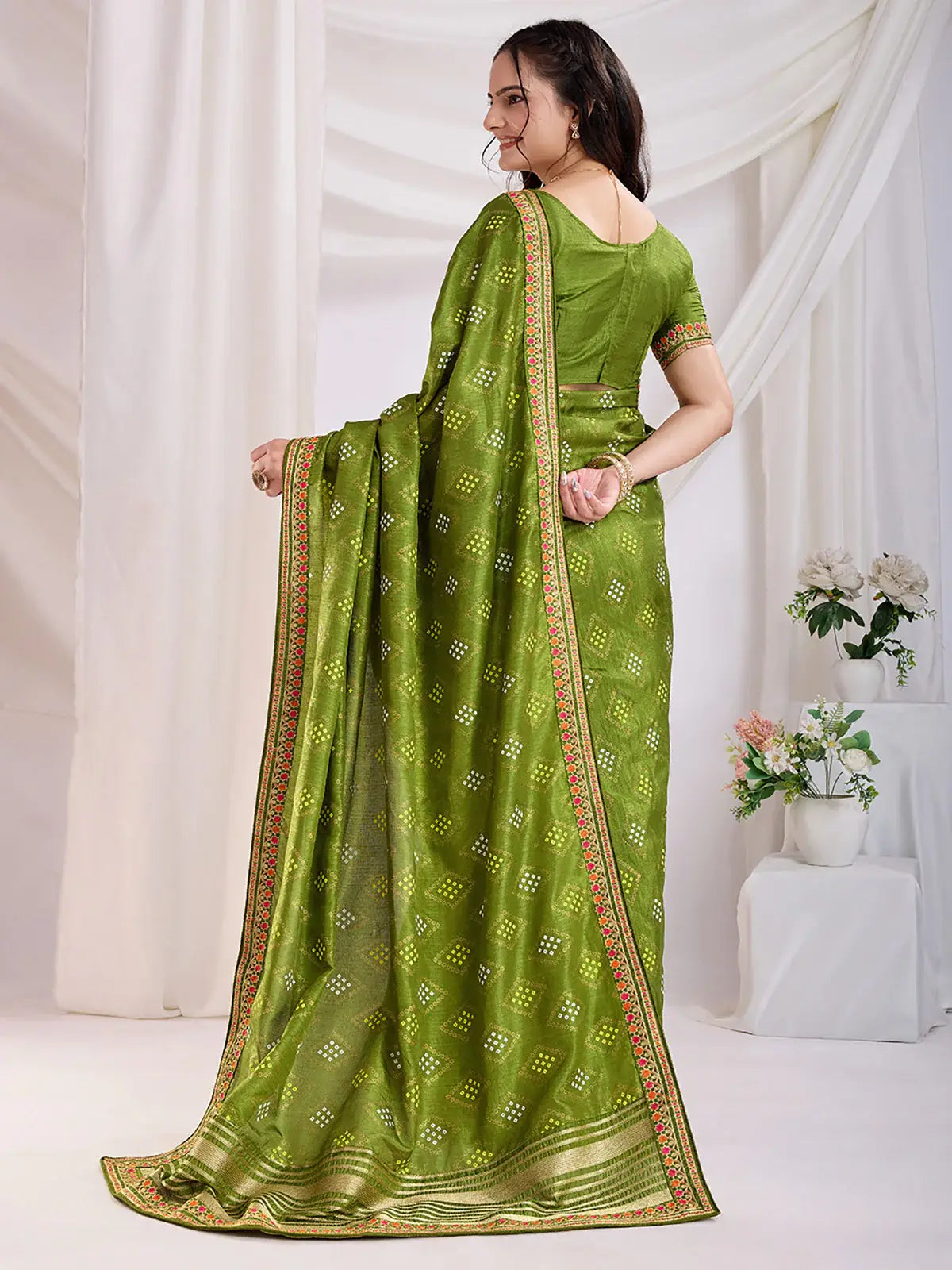 Precious Green Bandhej Printed Silk Mehendi Wear Saree - Zeel Clothing