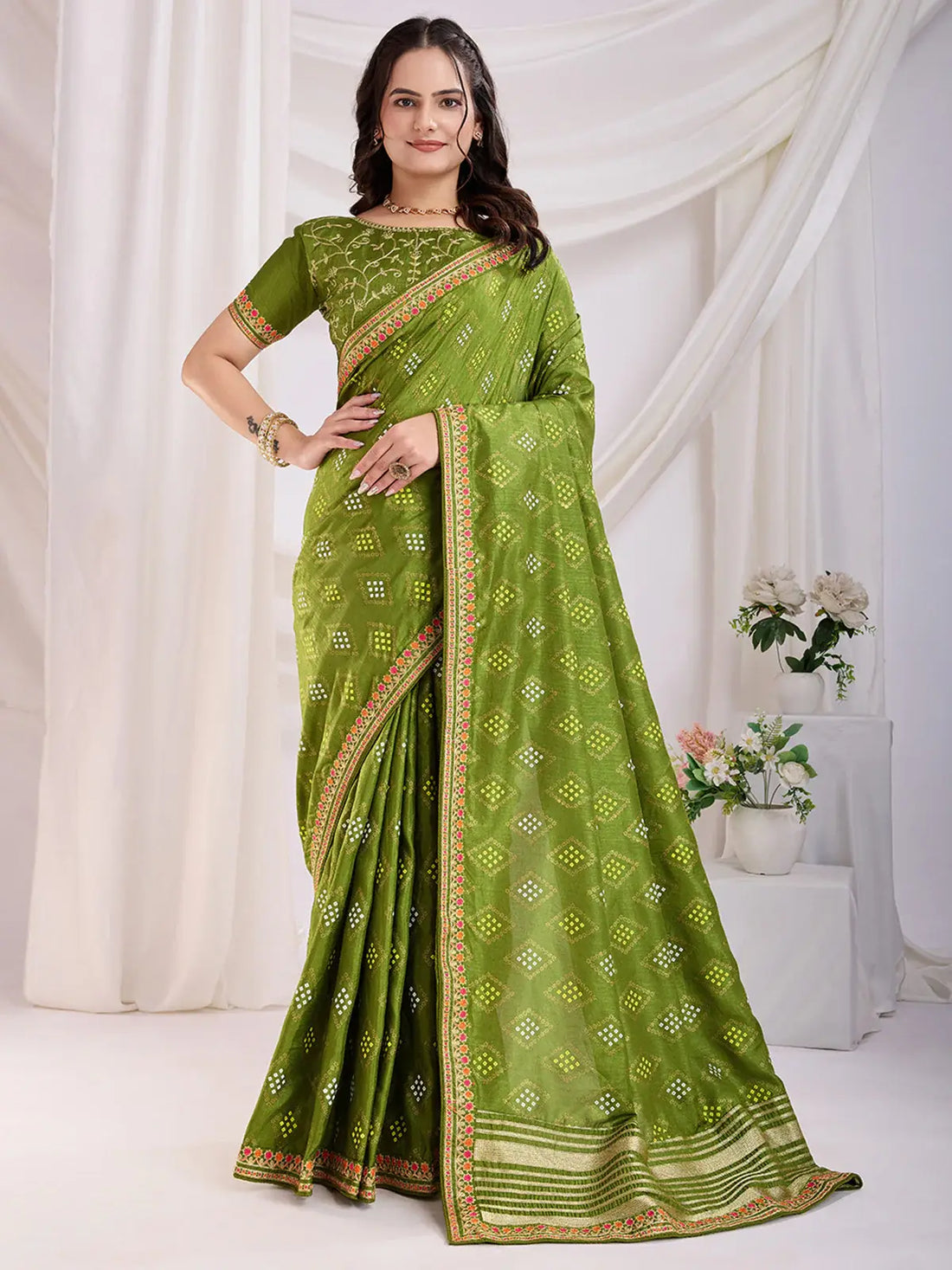 Precious Green Bandhej Printed Silk Mehendi Wear Saree - Zeel Clothing