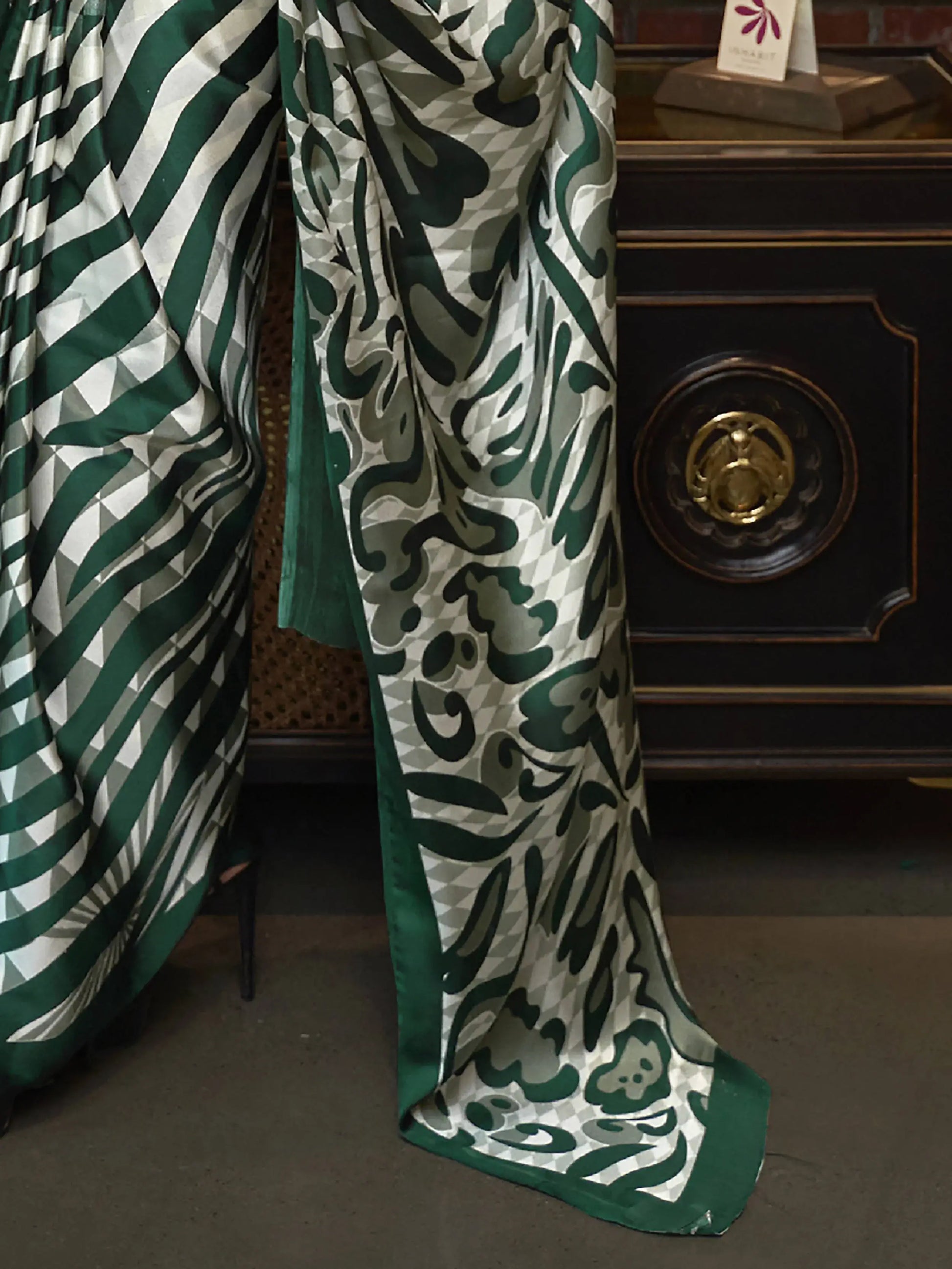 Precious Green Printed Satin Festival Wear Saree With Blouse - Zeel Clothing