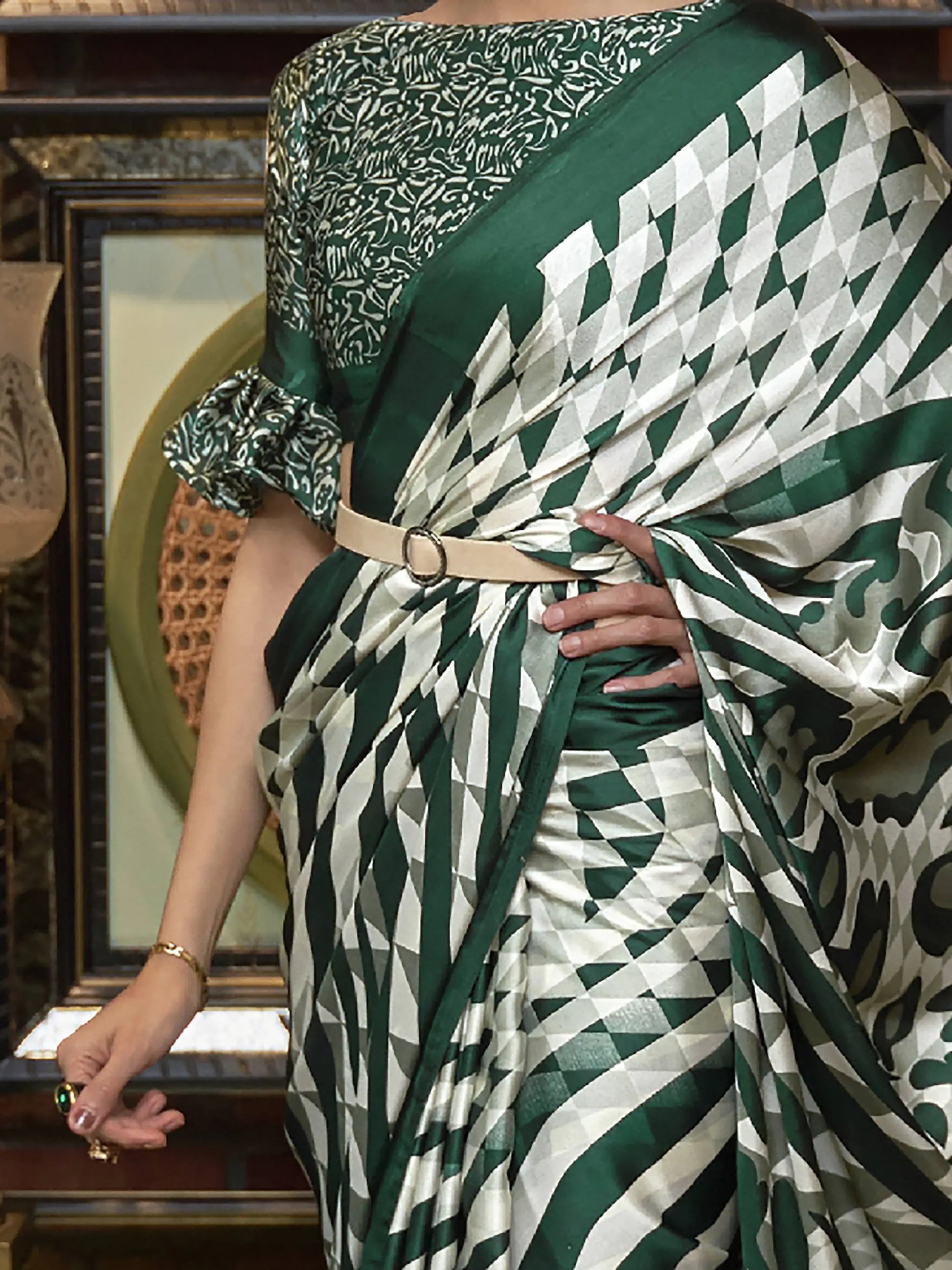 Precious Green Printed Satin Festival Wear Saree With Blouse - Zeel Clothing