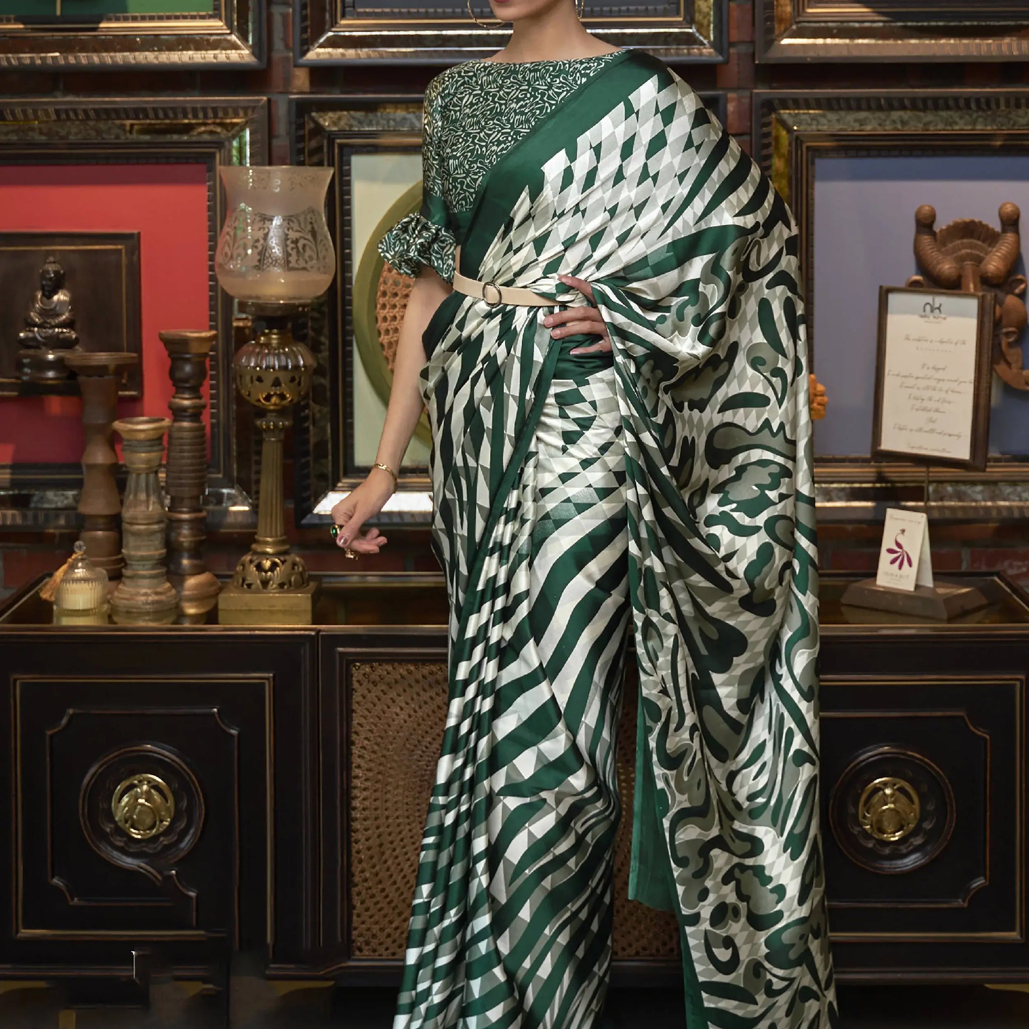 Precious Green Printed Satin Festival Wear Saree With Blouse - Zeel Clothing