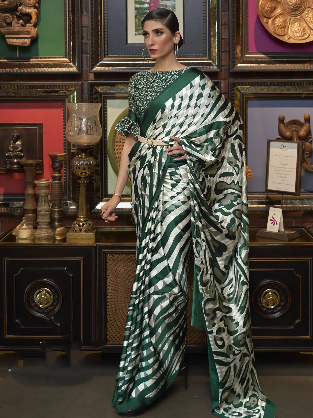 Precious Green Printed Satin Festival Wear Saree With Blouse - Zeel Clothing