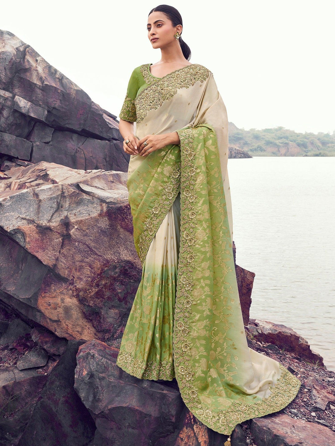 Precious Green Thread Embroidered Tissue Festive Wear Saree With Blouse