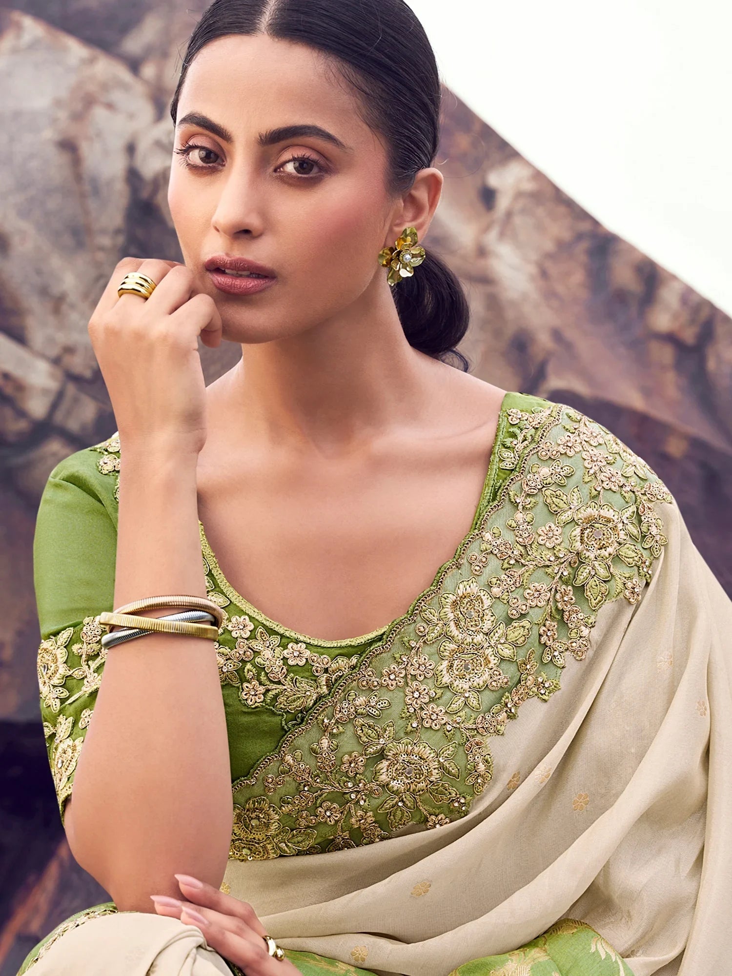 Precious Green Thread Embroidered Tissue Festive Wear Saree With Blouse
