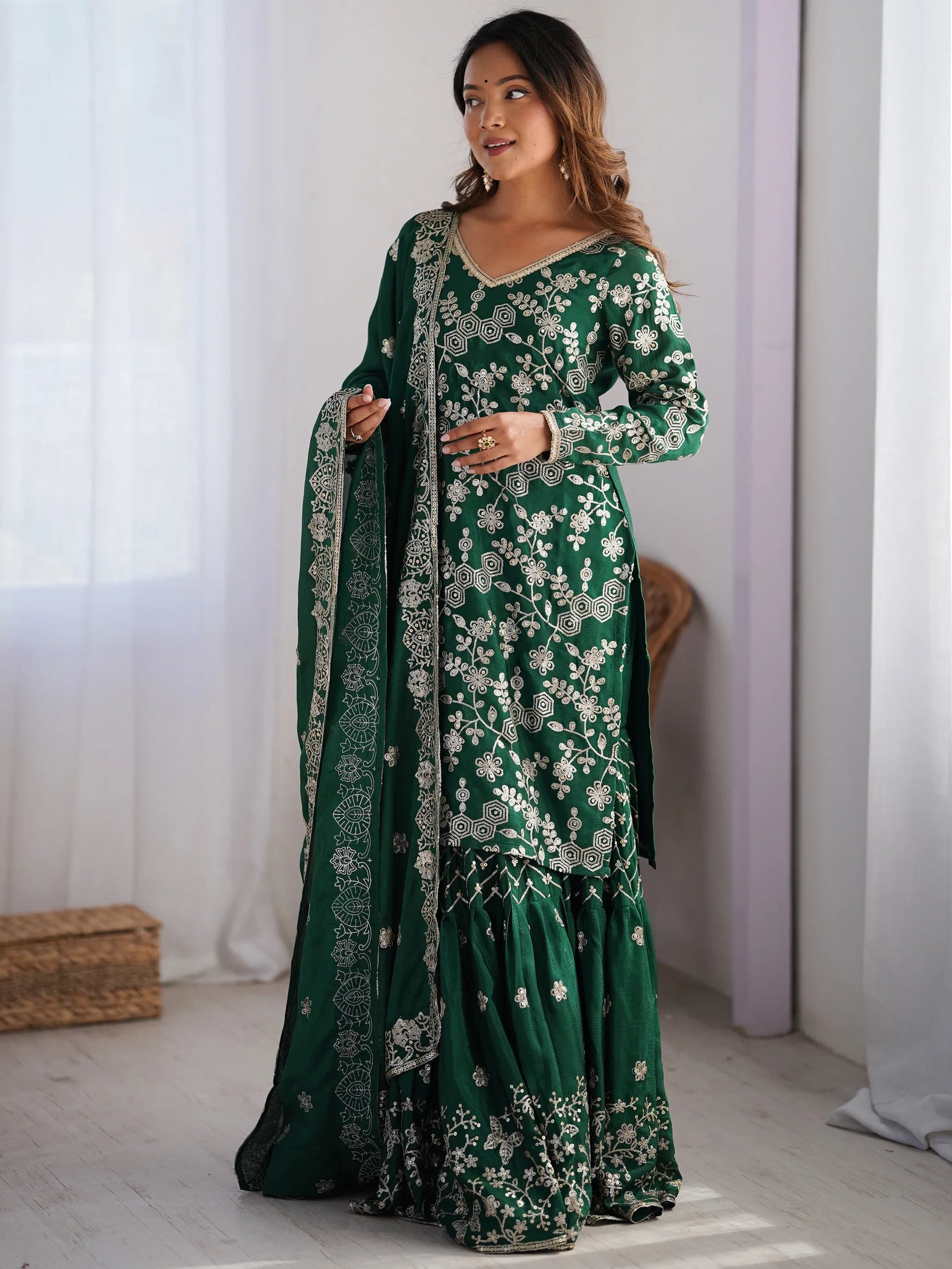 Precious Green Thread Work Chinon Festival Wear Sharara Suit - Zeel Clothing