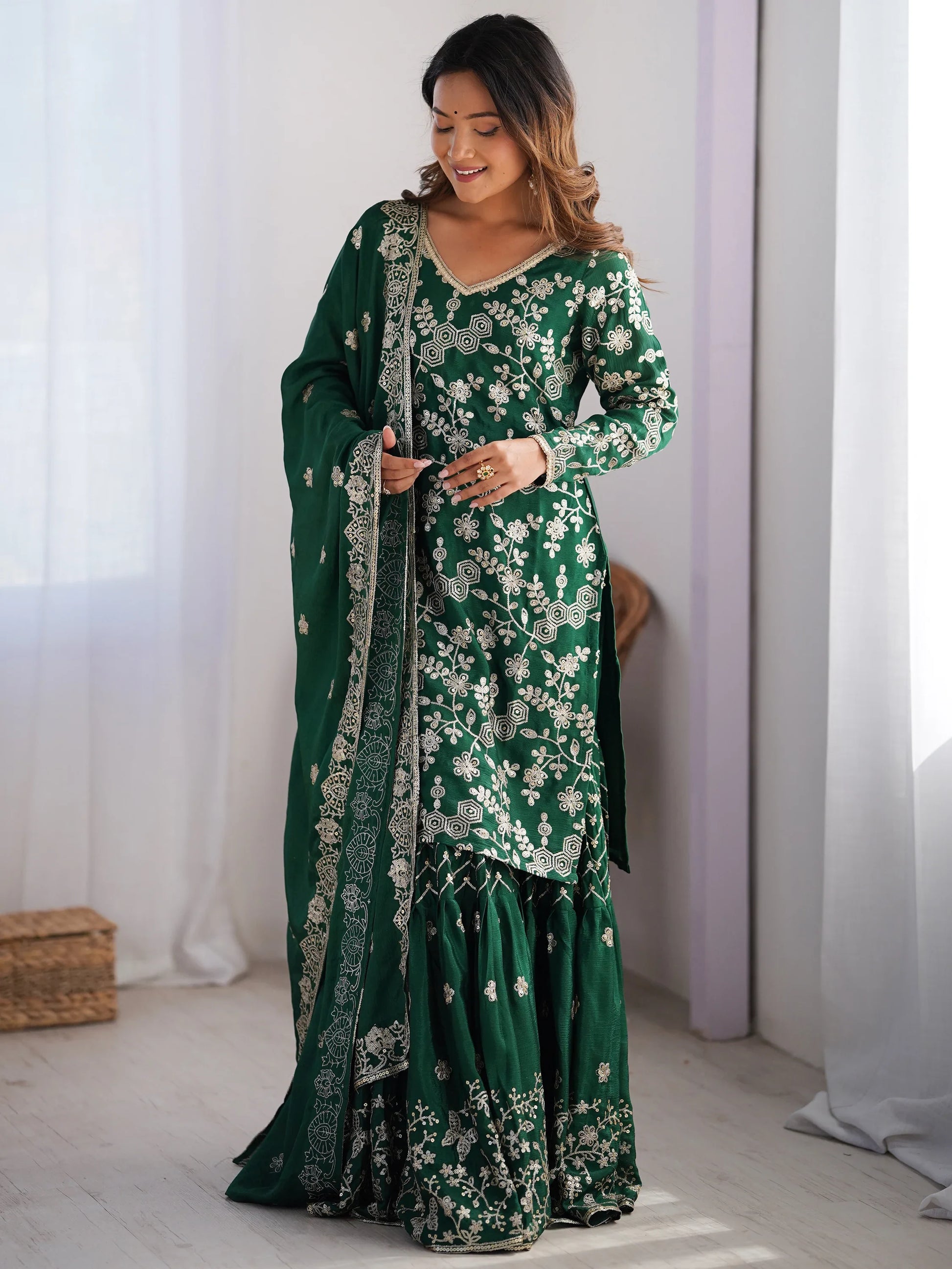 Precious Green Thread Work Chinon Festival Wear Sharara Suit - Zeel Clothing