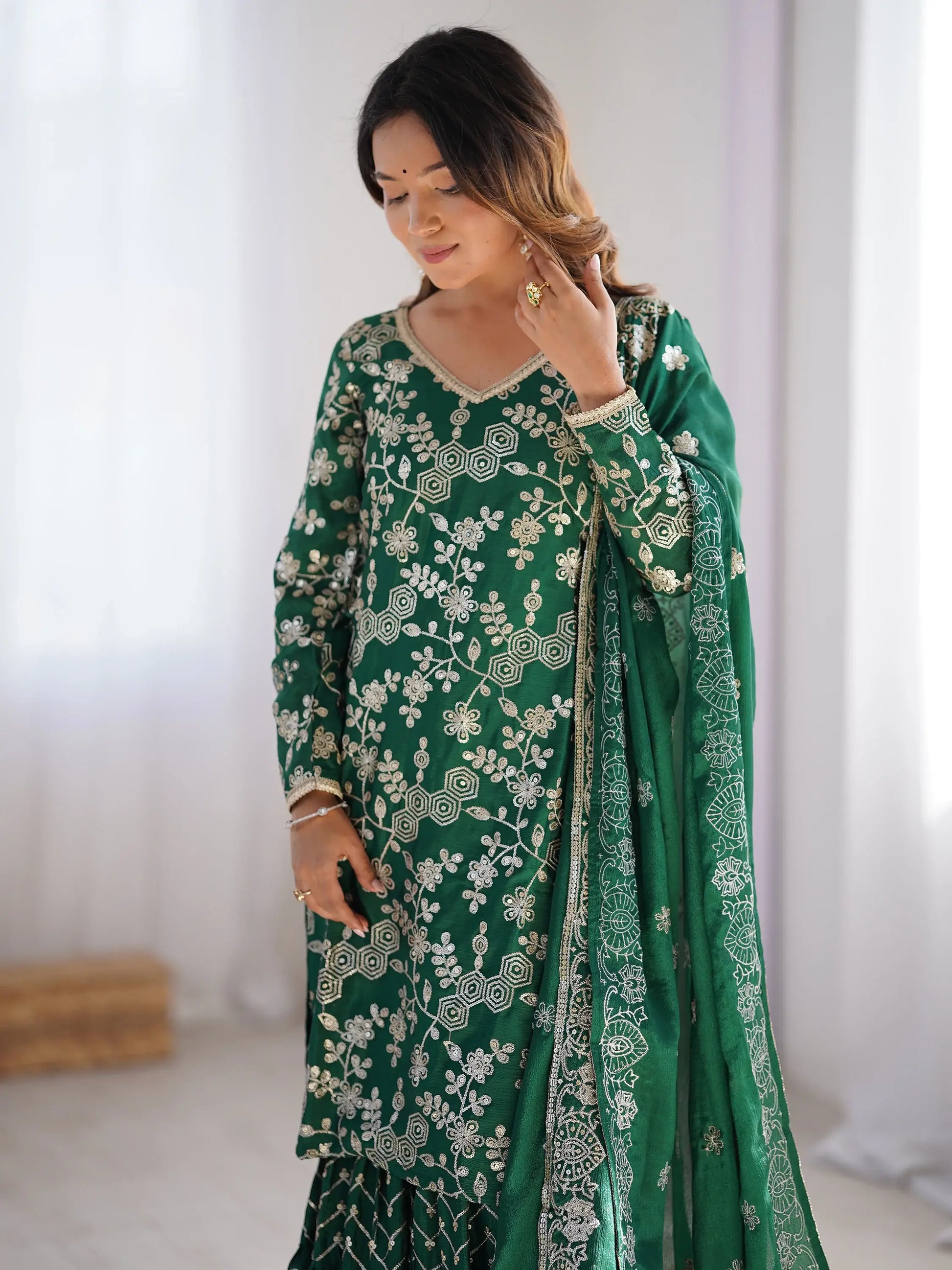 Precious Green Thread Work Chinon Festival Wear Sharara Suit - Zeel Clothing
