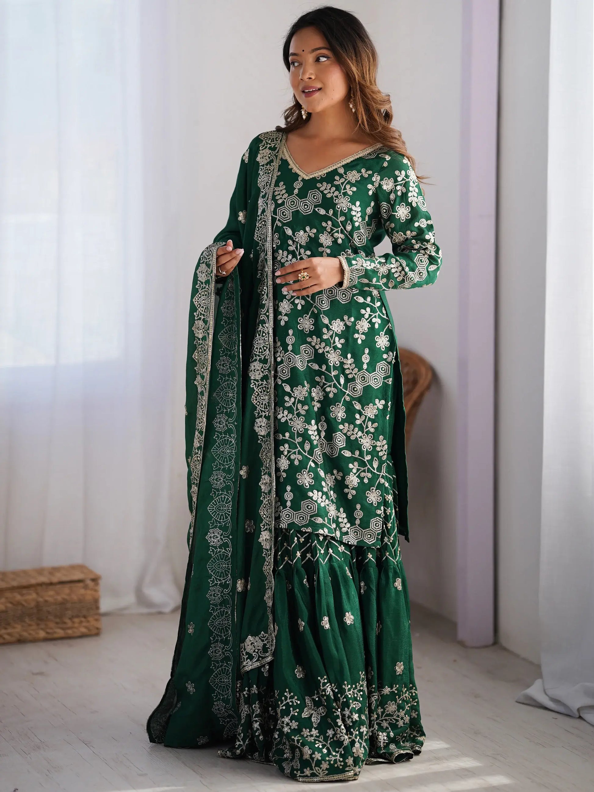 Precious Green Thread Work Chinon Festival Wear Sharara Suit - Zeel Clothing