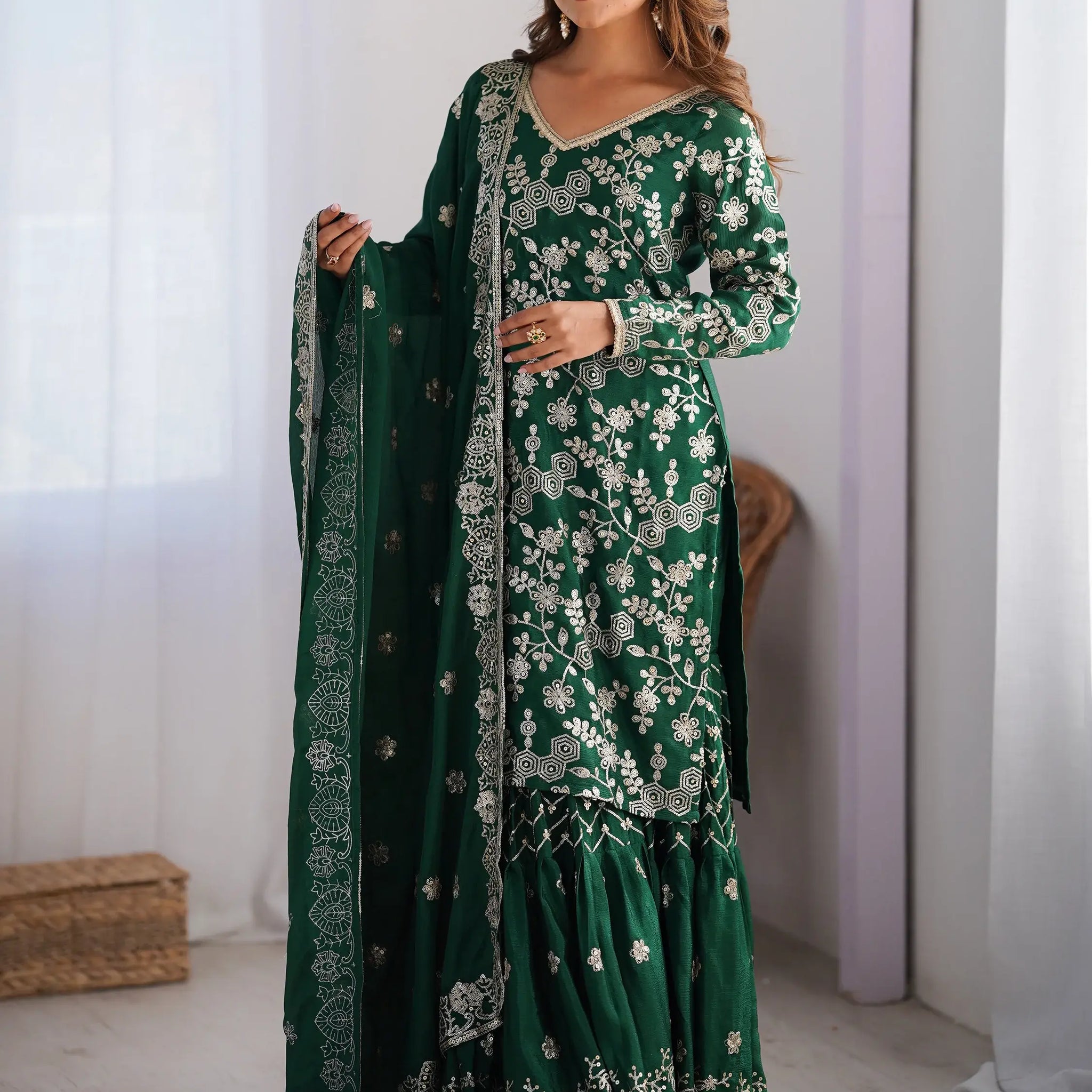 Precious Green Thread Work Chinon Festival Wear Sharara Suit - Zeel Clothing