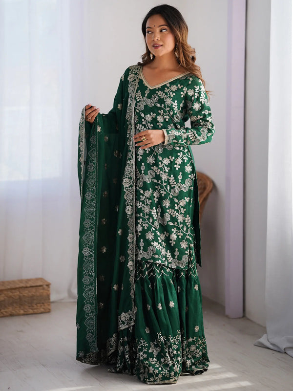 Precious Green Thread Work Chinon Festival Wear Sharara Suit - Zeel Clothing