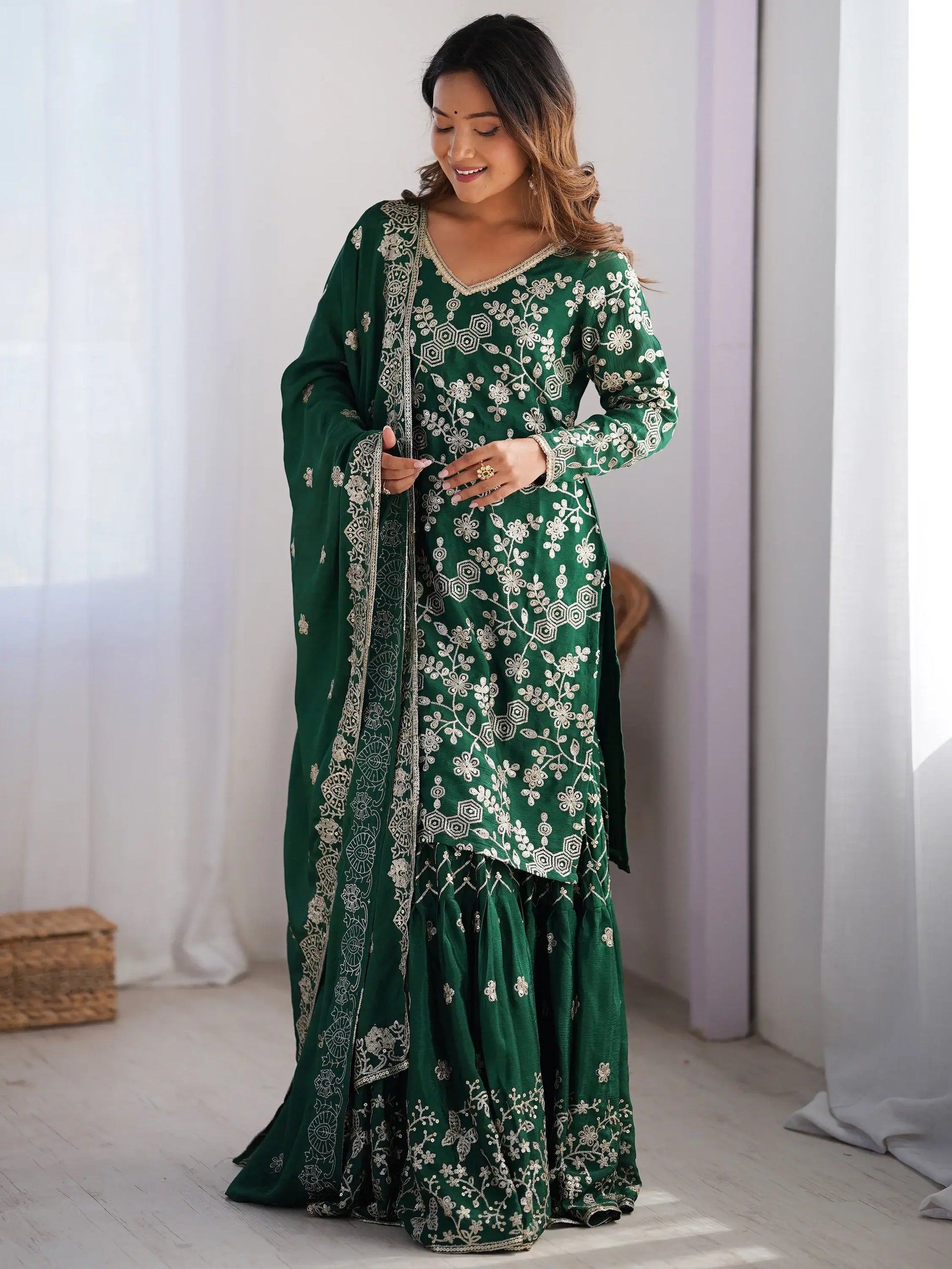 Precious Green Thread Work Chinon Festival Wear Sharara Suit - Zeel Clothing